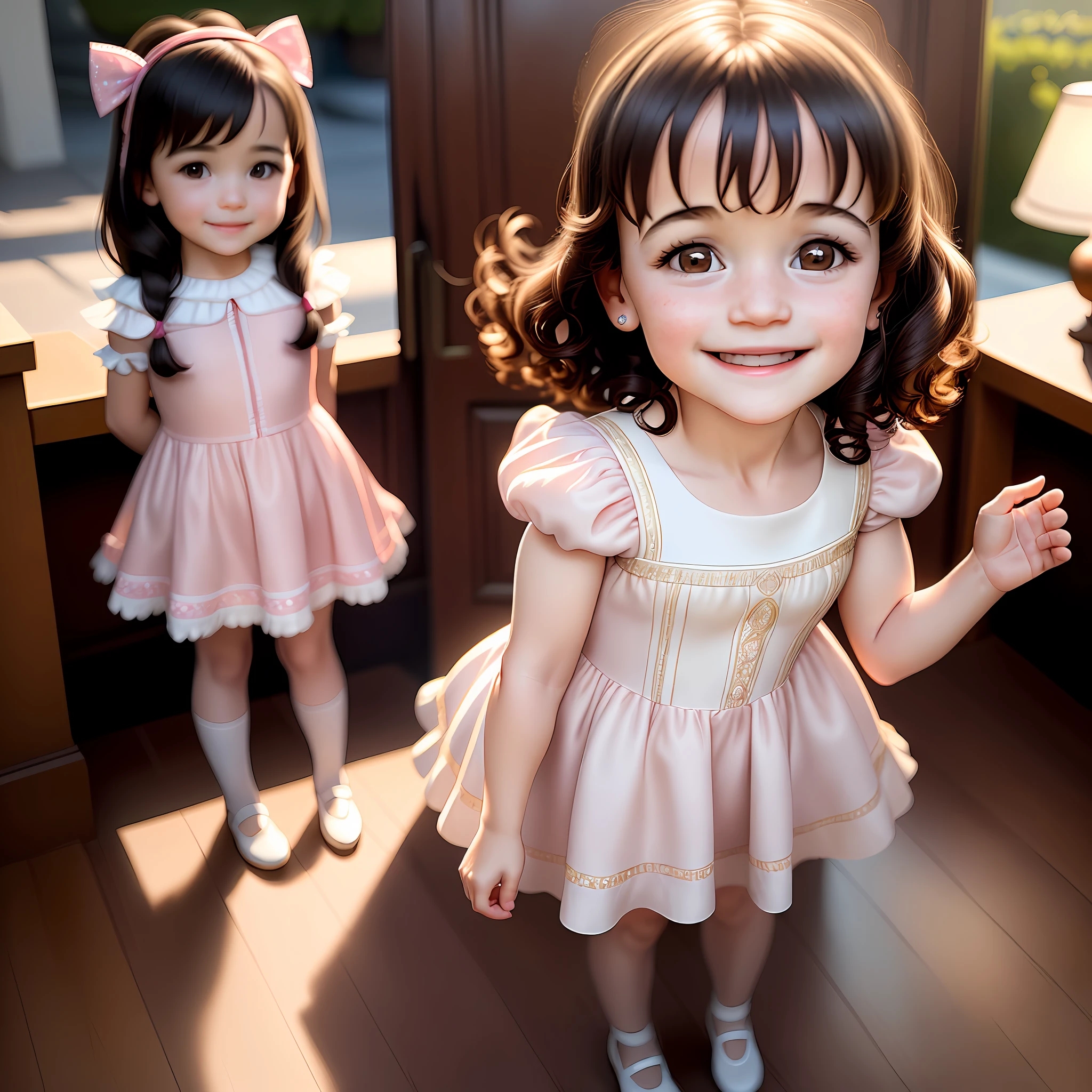 a child girl with the face of Carla Gugino, totally realistic, the highest definition, perfect lighting, with a shy smile, with cheerful countenance, wearing a princess dress, full body, 4k