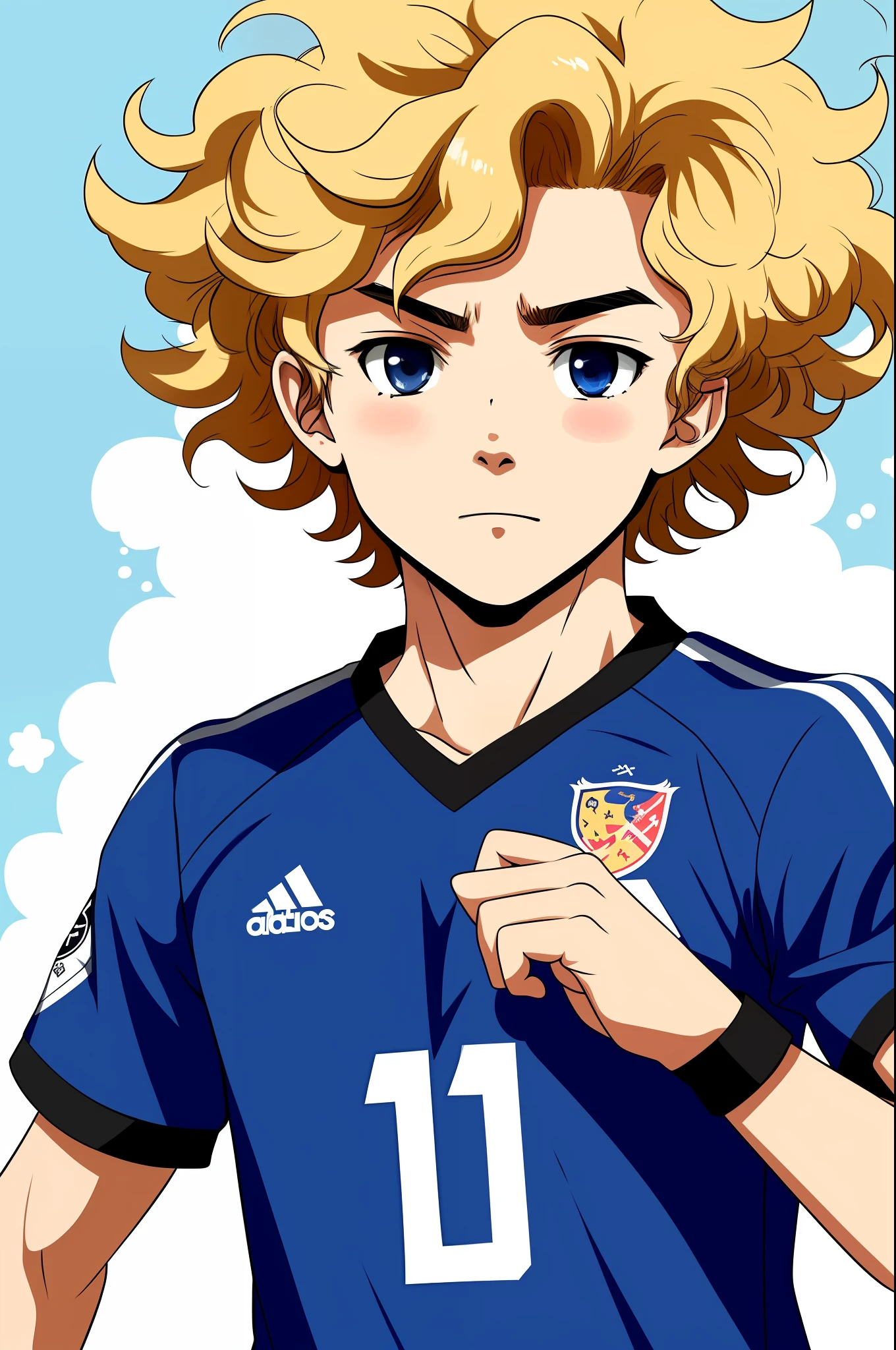 Anime-style 2d illustration portrait of a soccer player, curly, short, blond, and looking 18 years old