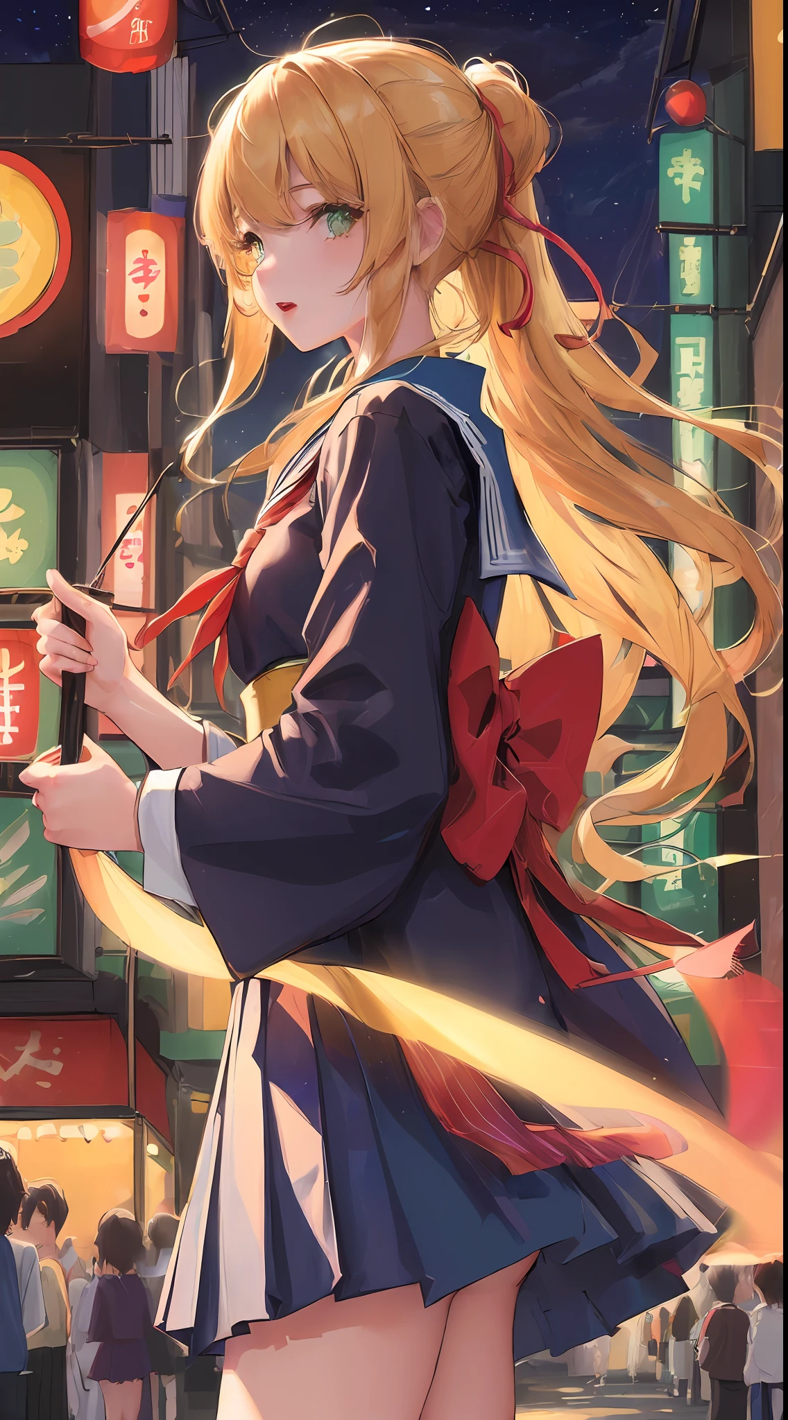 (((masterpiece: 1.5, best quality, high resolution: 1.3, super resolution, super detailed, ultra detailed:1.3, rich background:1.2))), 1girl, solo, green eyes, blonde long hair tied with blue ribbon, blunt bangs, cute hairpin, school uniform, white serafuku, red sailor collar, short sleeves, blue pleated skirt, (outdoor), ((downtown)), (crowd), ((japan vibes: 1.3)), scenery, ((nighttime)), dark, (lowlight: 1.1), moon, (moonlight: 1.2), ((dynamic light: 1.4))