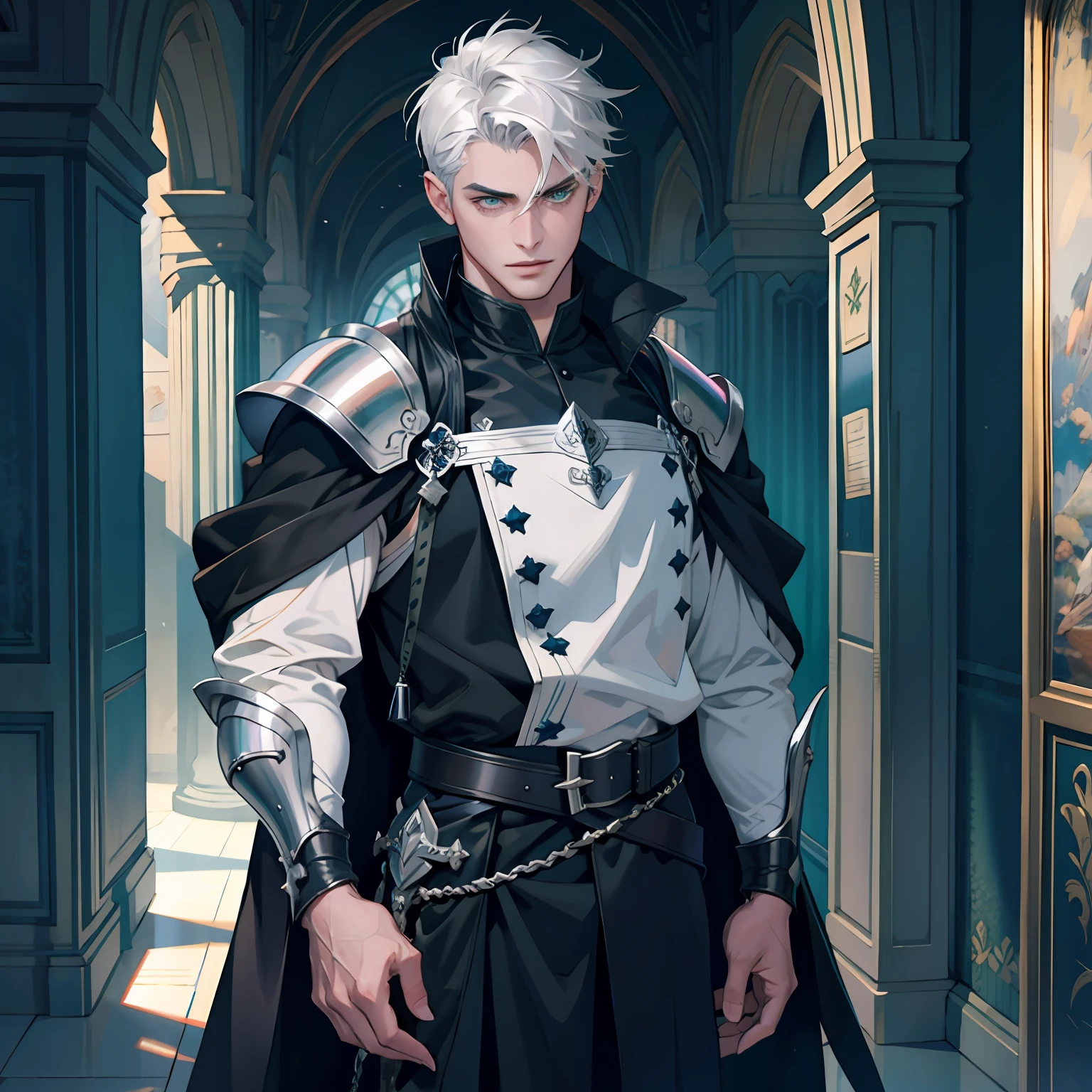 (ultra detailed, cinematic, best quality, 16k), (1 man, solo), mature, age over: 1.4, tall and muscular face, broad shoulders, low hair, silver hair, short hair, green eyes, sleeveless black blouse, (black robe), finely detailed eyes and detailed face, extremely detailed CG unit 8k wallpaper, serious, light armor, knight, dark fantasy, medieval, real, ocean, overcast sky,