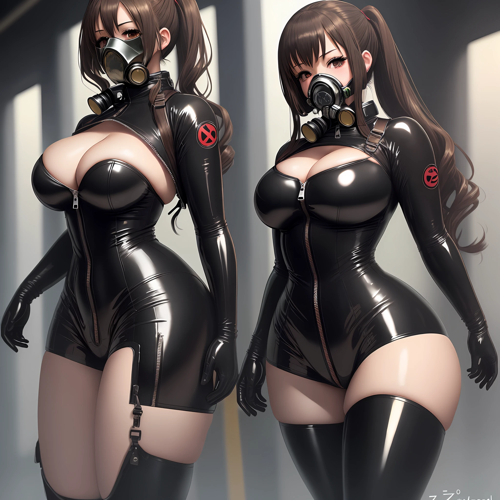 Sexy anime, medium breasts, zippered neckline, thick thighs, dressed in latex clothing, with gas mask, with hands behind