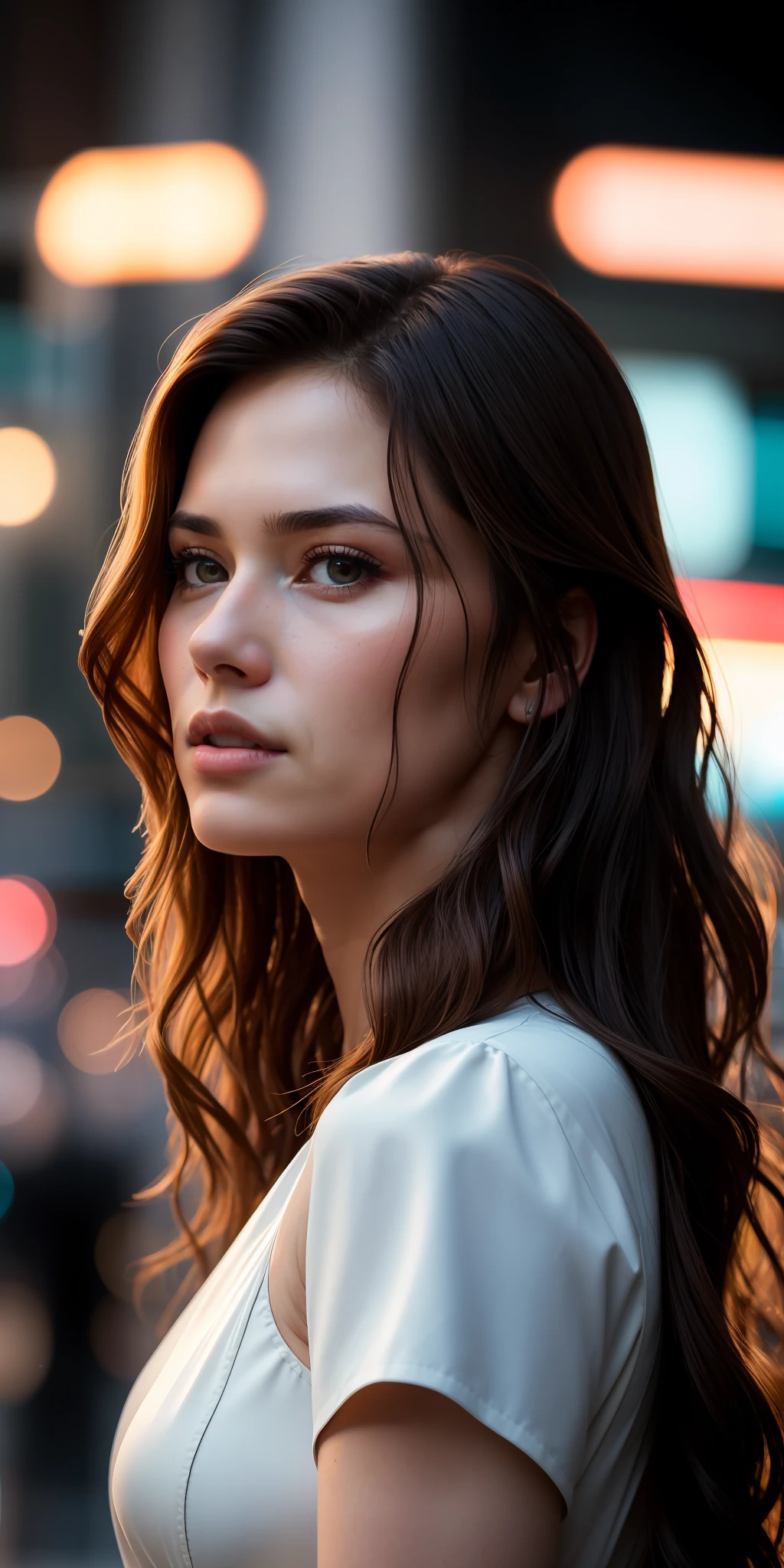 Full face portrait photo of a 25-year-old European girl, RAW, beautiful woman, semi-open strawberry lips, dimples, wistful look, (extra long wavy brown hair), ((detailed face)), ((detailed facial features)), (finely detailed skin), pale skin, (deep neckline detailed high-tech cyberpunk dress), cyberpunk megacity environment, (cool colors), damp, damp, reflections, (masterpiece) (perfect proportion)(realistic photo)(best quality)  (detailed) shot on a Canon EOS R5, 50mm lens, F/2.8, HDR, (8k) (wallpaper) (cinematic lighting) (dramatic lighting) (sharp focus) (intricate), RAW photo, RAW photo, gigachad photo, posing for camera, black jeans, back arms, 8k uhd, dslr, high quality, grain film, Fujifilm XT3, film stock photography 4 kodak portra 400 camera f1.6 lens rich colors hyper realistic texture dramatic lighting unrealengine trend in artstation cinestill  800 tungsten, toughboy style, ultra focus face, intimidating, in fighting position, short messy hair, muscular, bursting veins, beaded