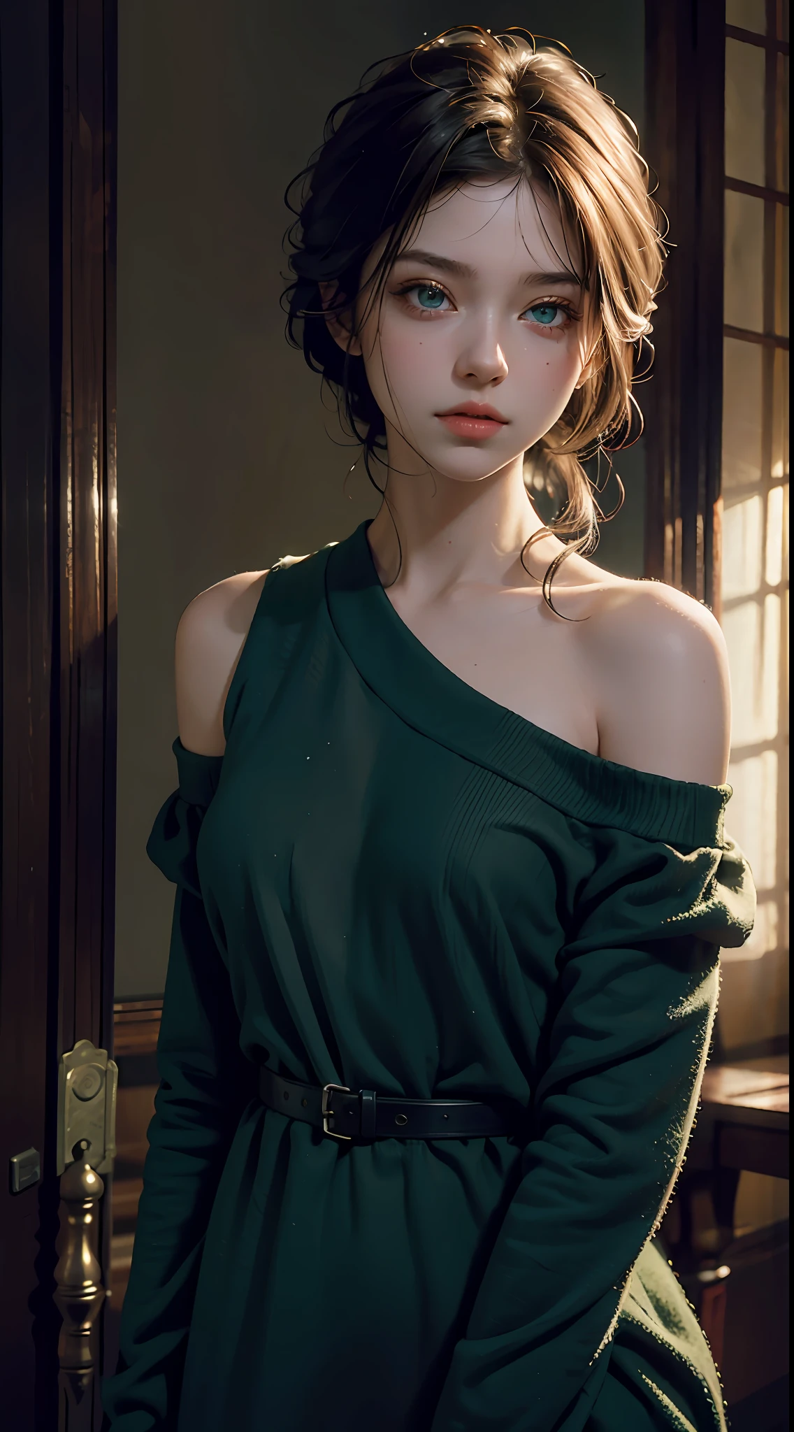 Best Quality, Masterpiece, Ultra High Resolution, (Realisticity: 1.4), Original Photo, 1Girl, Green Eyes, Off-the-Shoulders, Cinematic Lighting