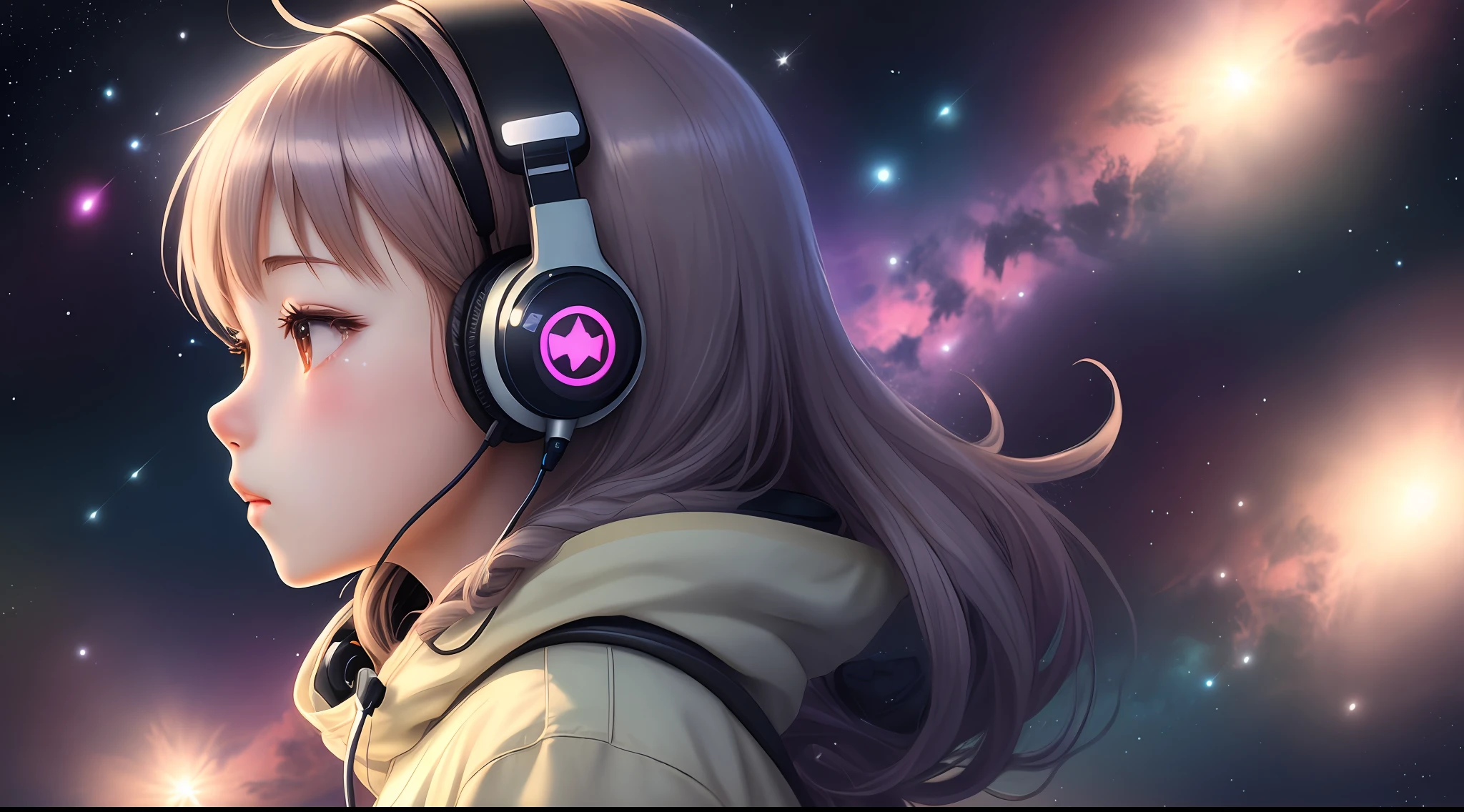 Beautiful profile anime girl floating in space with stars, listening to lofi hip hop music with headphones.