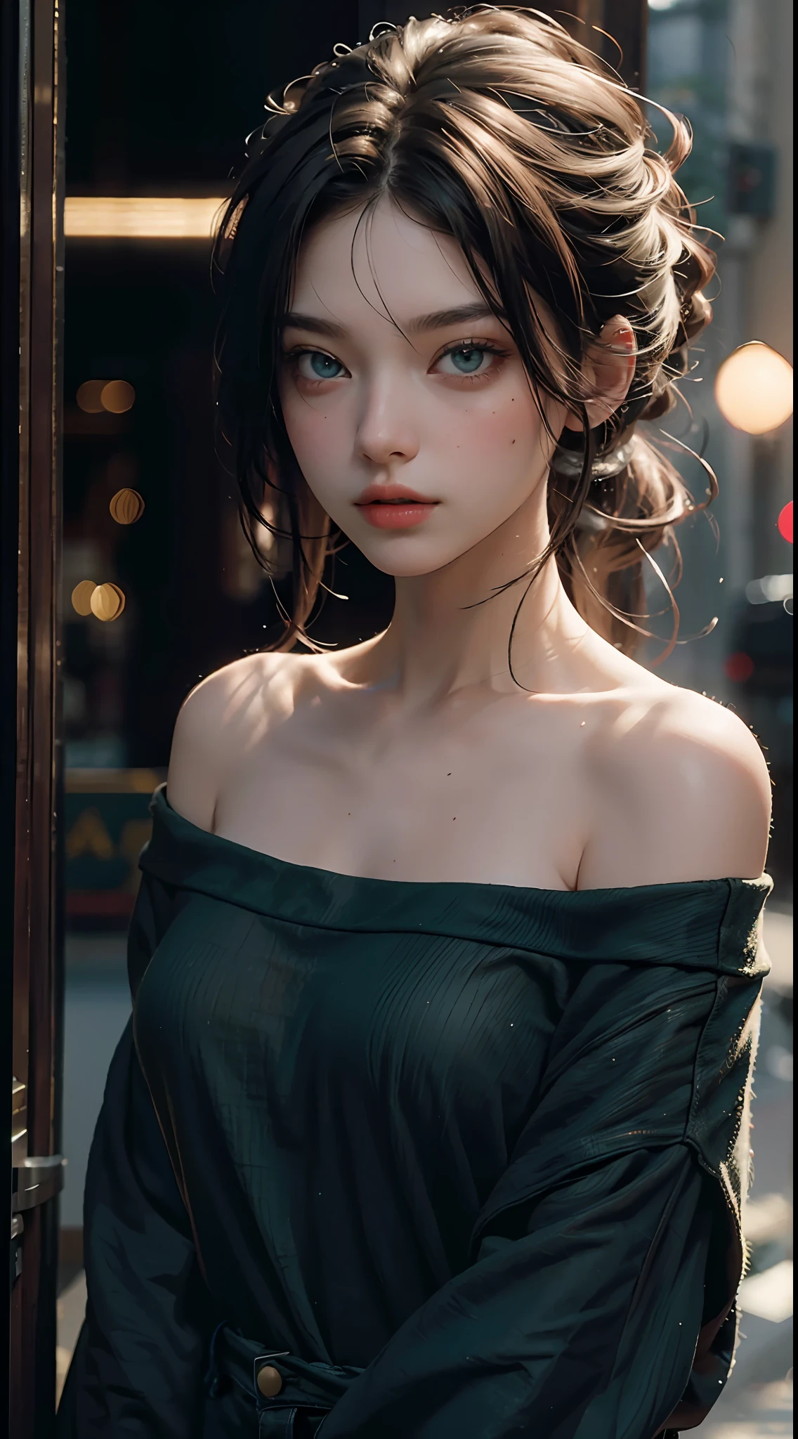 Best Quality, Masterpiece, Ultra High Resolution, (Realisticity: 1.4), Original Photo, 1Girl, Green Eyes, Off-the-Shoulders, Cinematic Lighting