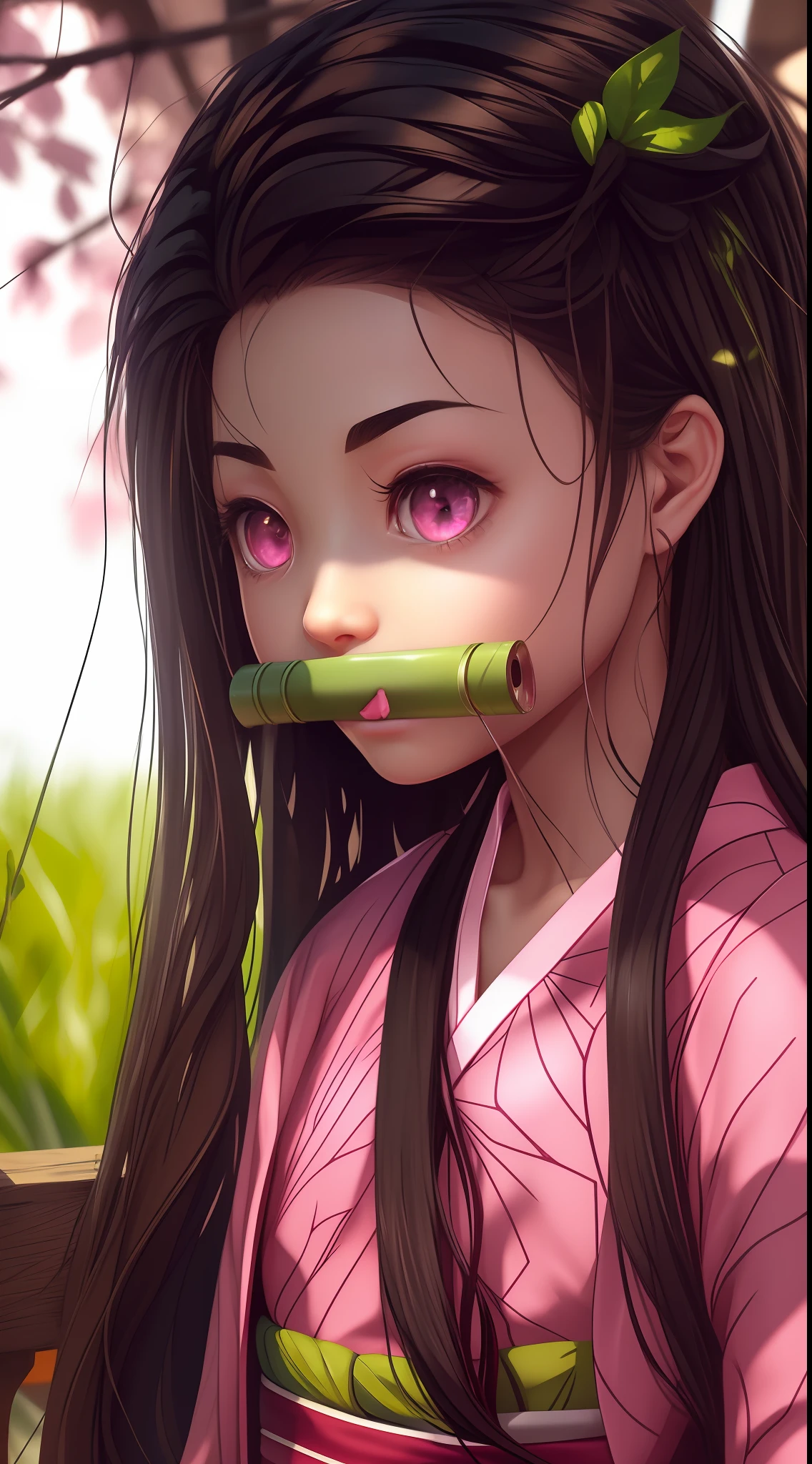 masterpiece, (photorealistic:1.5), pov, cinematic lighting, depth of field, ray tracing, 8k, extremely detail, high quality,  realistic eyes, best quality, beautiful lighting, professional lighting, 1girl, pink eyes, same eyes, black long hair, green bamboo mouthpiece, pink yukata, streets, standing,