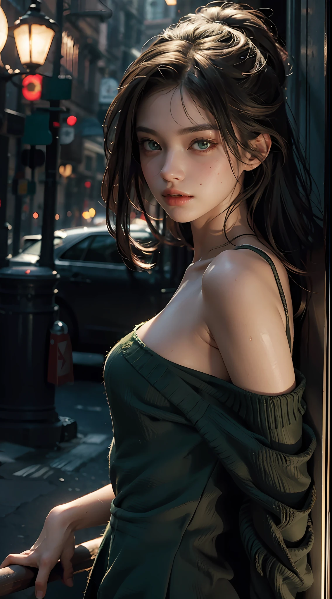 Best Quality, Masterpiece, Ultra High Resolution, (Realisticity: 1.4), Original Photo, 1Girl, Green Eyes, Off-the-Shoulders, Cinematic Lighting