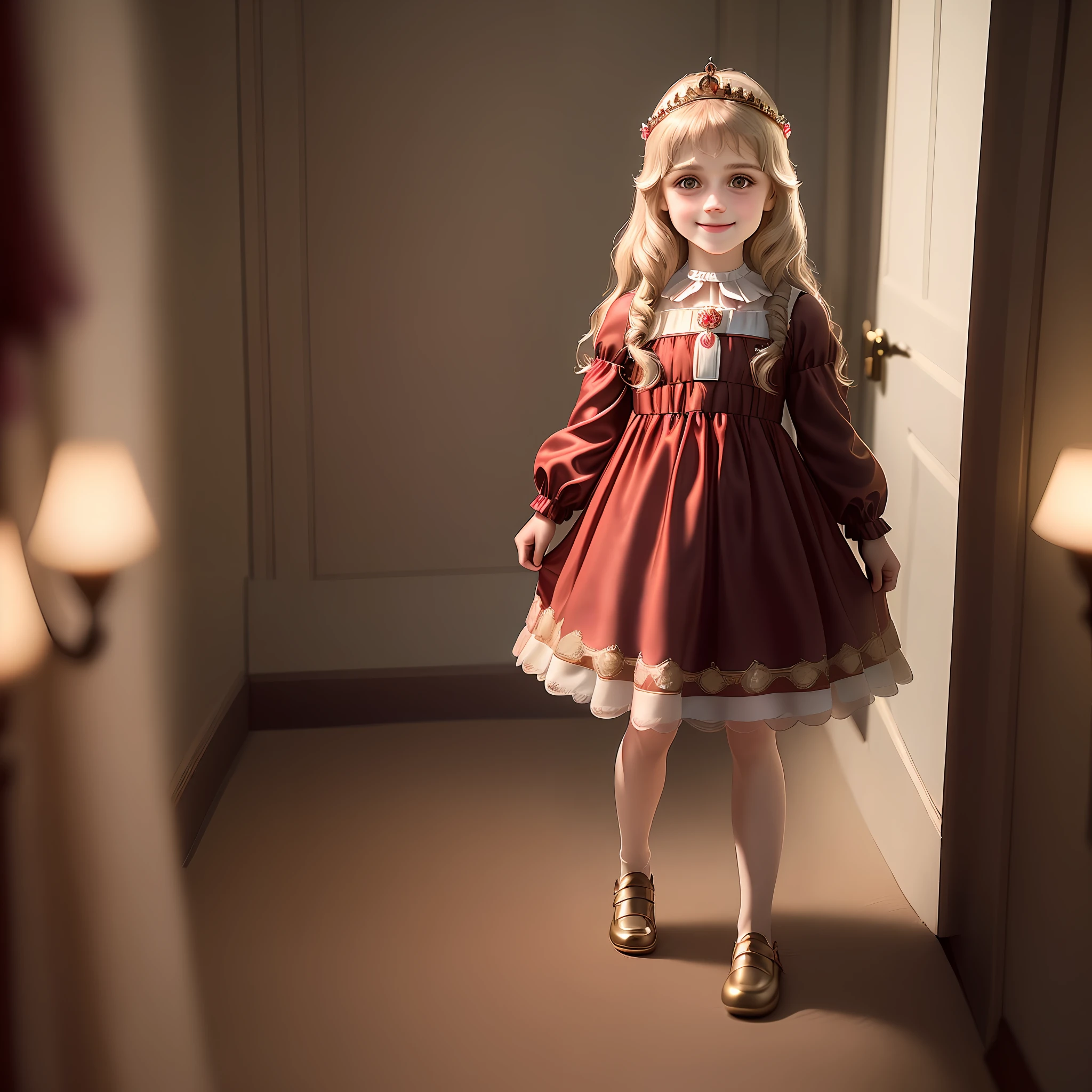 a child girl with the face of Alexandra Daddario, alone, ((alone)), totally realistic, the highest definition, perfect lighting, with a shy smile, with cheerful countenance, wearing a princess dress, full body, 4k