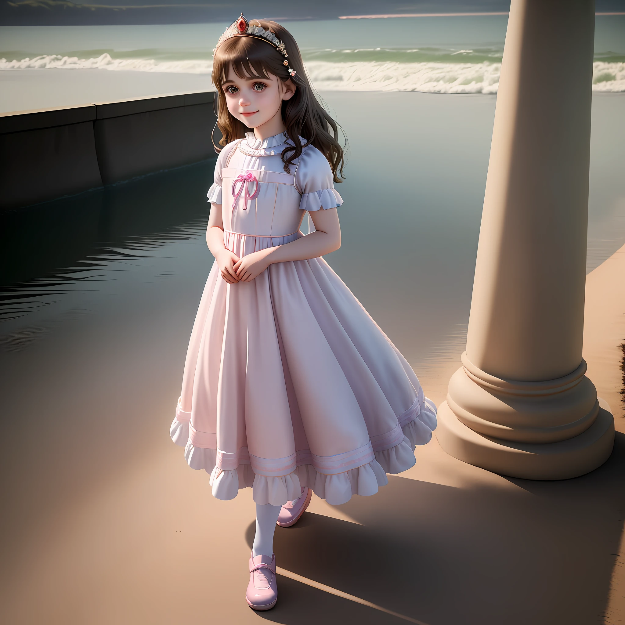 a child girl with the face of Alexandra Daddario, alone, ((alone)), totally realistic, the highest definition, perfect lighting, with a shy smile, with cheerful countenance, wearing a princess dress, full body, 4k