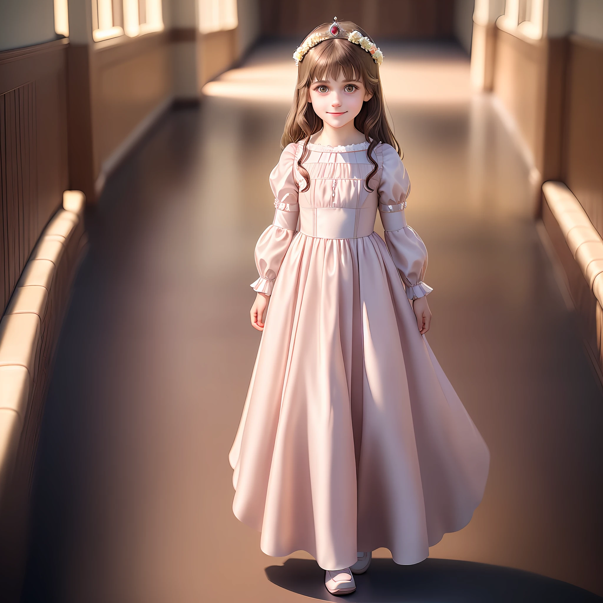 a child girl with the face of Alexandra Daddario, alone, ((alone)), totally realistic, the highest definition, perfect lighting, with a shy smile, with cheerful countenance, wearing a princess dress, full body, 4k