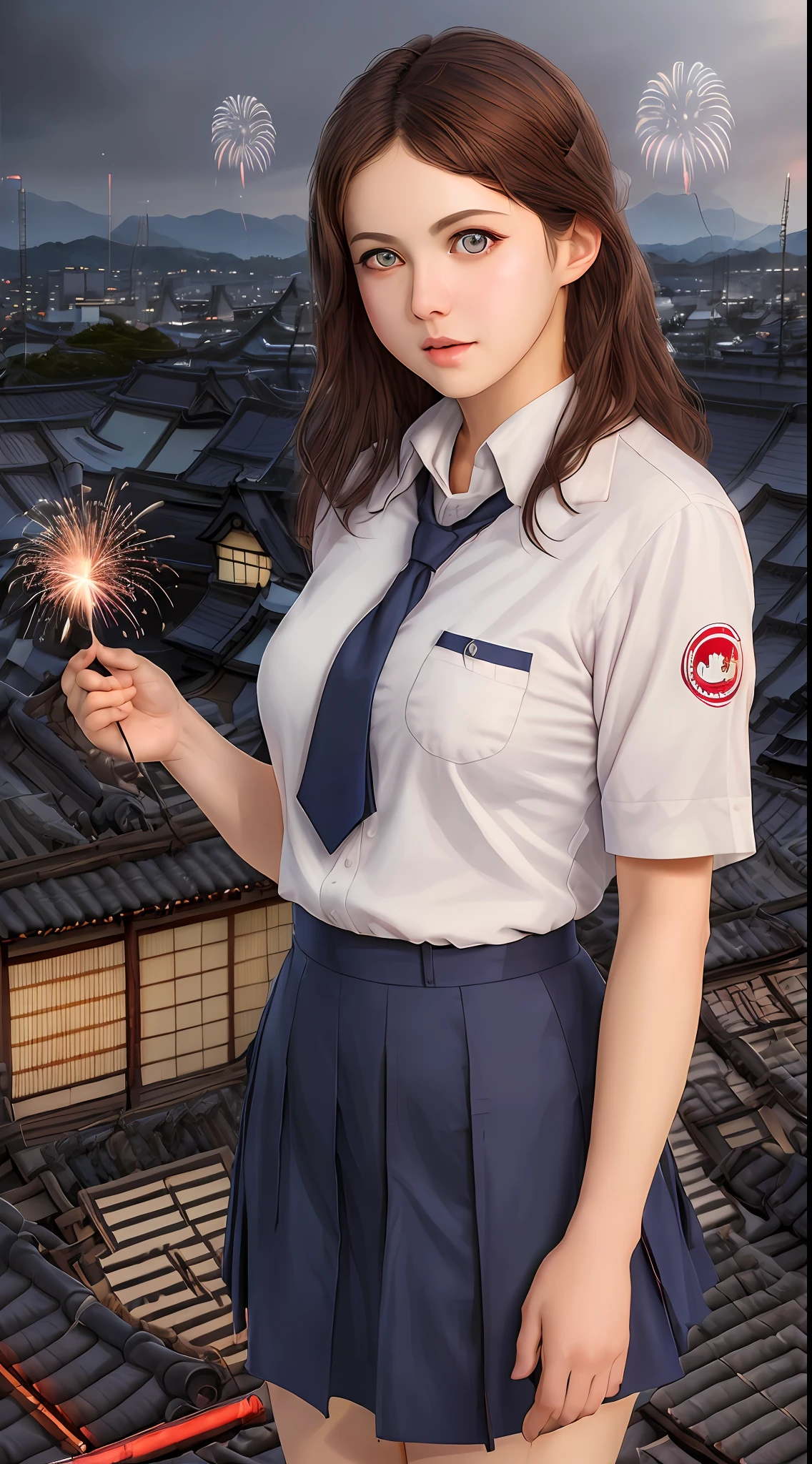 masterpiece, (photorealistic:1.5), realistic eyes, best quality, beautiful lighting, professional lighting, 1girl, japan school uniform, rooftop, camera, standing, fireworks, scenery, landscape