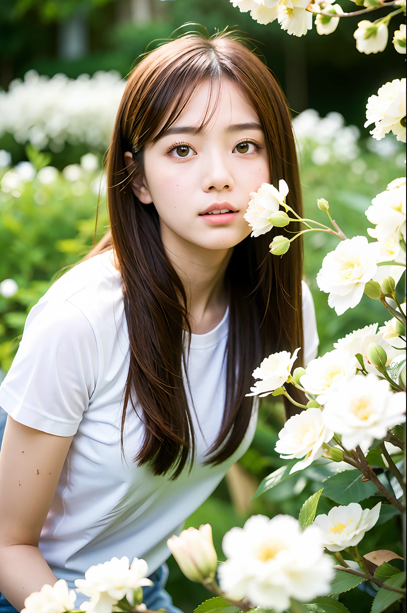 Sad theme , (best quality, masterpiece:1.2), 18yo beautiful girl in garden, white shirt, (white flowers mess in background:1.3), shoot the Sony a7,3.5 mm Lens, f 1.8 apature, lighting glow effect