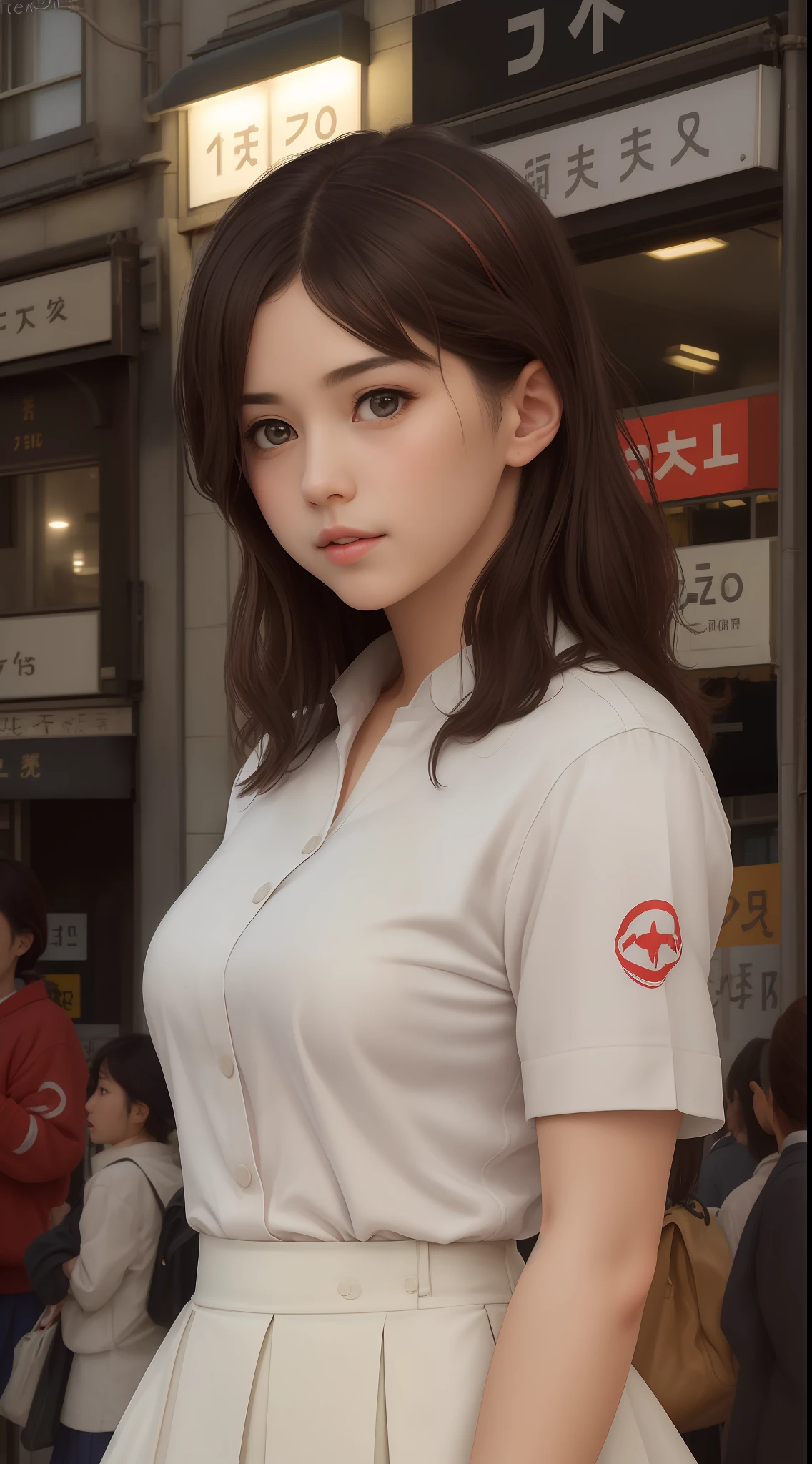 masterpiece, (photorealistic:1.5), realistic eyes, best quality, beautiful lighting, professional lighting, 1girl, japan school uniform, street, camera, standing, people, blur