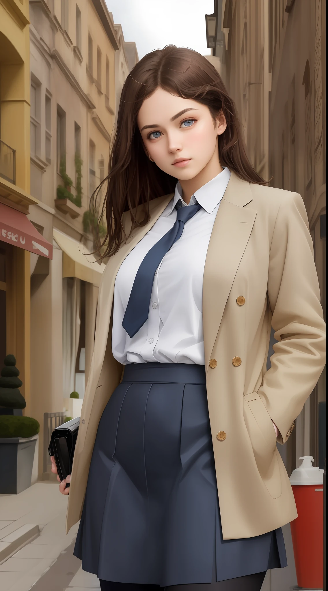 masterpiece, (photorealistic:1.5), realistic eyes, best quality, beautiful lighting, professional lighting, 1girl, school uniform, street, camera, standing, people, blur