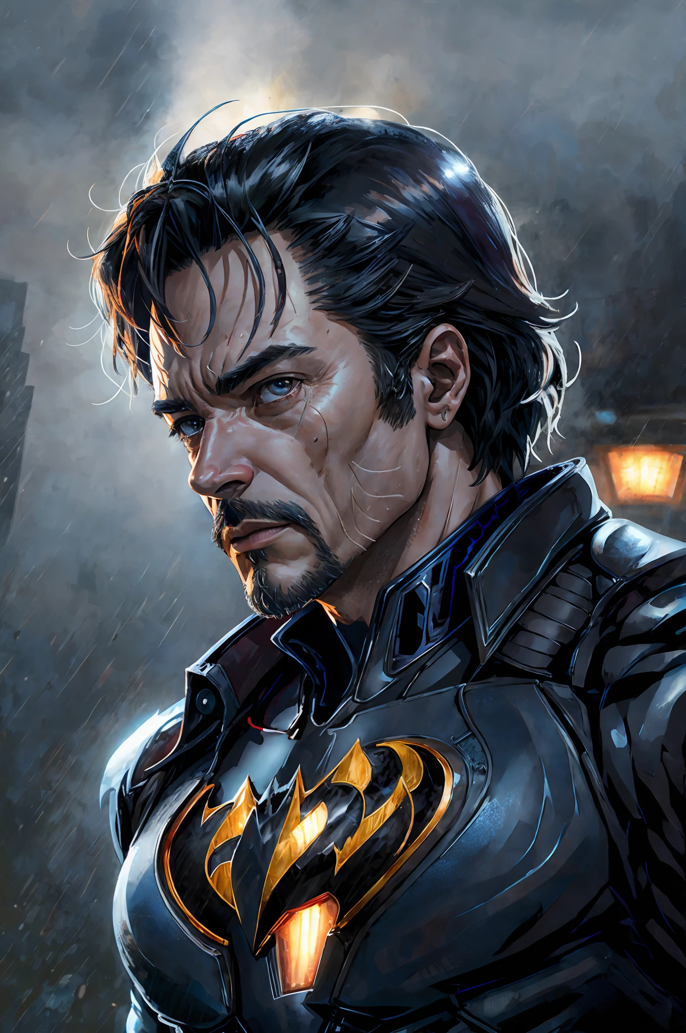. .Tarantino style tony stark as batman 8k, high definition, detailed face, detailed eyes, detailed suit, in style of marvel and dc, hyper-realistic, + cinematic shot + dynamic composition, incredibly detailed, sharpen, details + superb details + evening with light + perfectionism + award winning realism ((moody lighting))