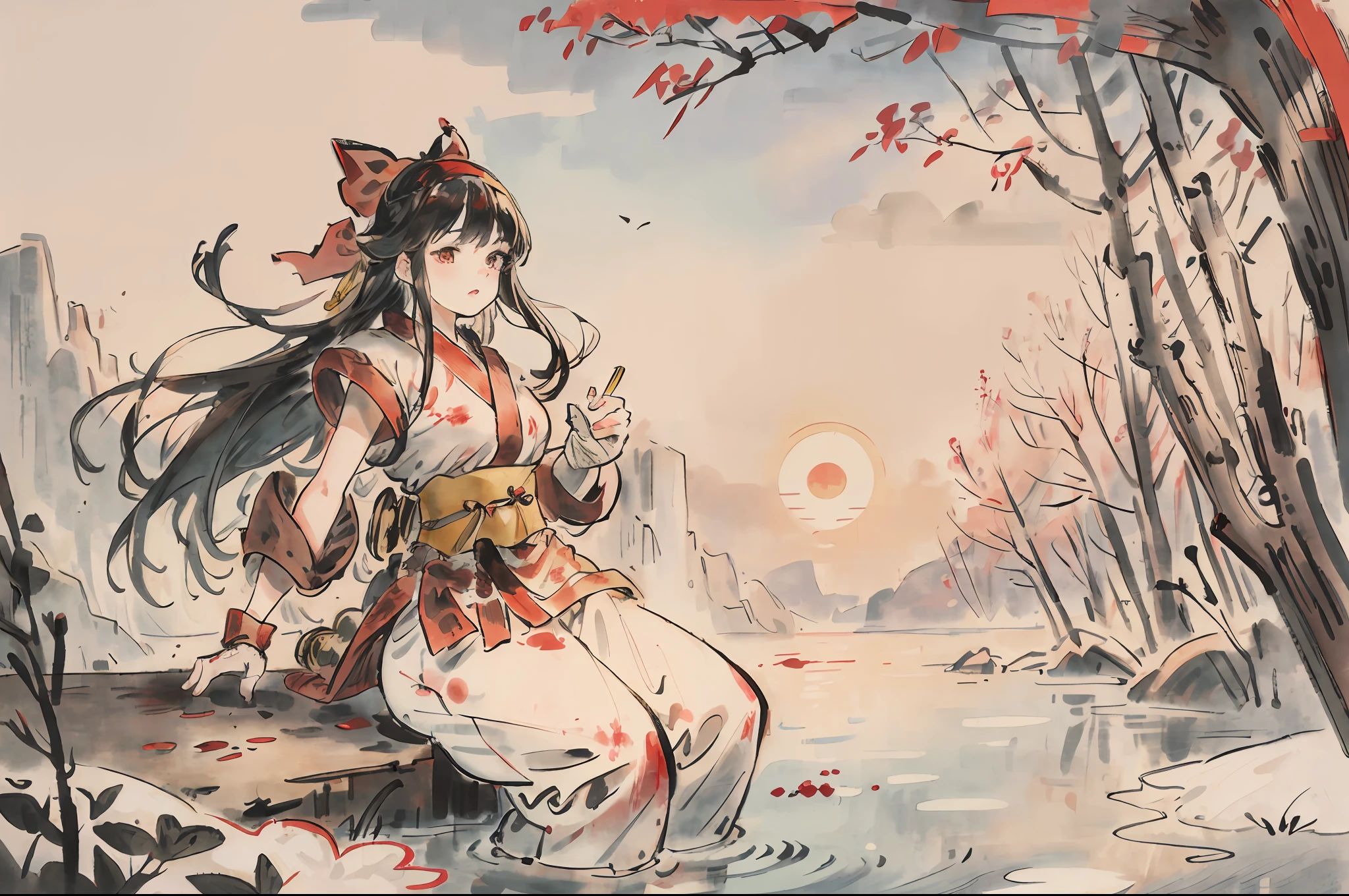 masterpiece, best quality,1girl, red bow, bow, long hair, hair bow, ainu clothes, solo, hairband, bird, black hair, fingerless gloves, short sleeves, gloves, sash, pants, bangs, red hairband, weapon, breasts, brown eyes, white pants, japanese clothes, nakoruru, light smile, officials art, good composition, official pose, detailed portrait, portrait, bokeh, forest with river, sun behind back, pencil style, traditional brush, samurai, onmyoji style, high resolution, dramatic lighting and shadow, sun flared, blurry foreground, blood plashing around, looking at viewer
