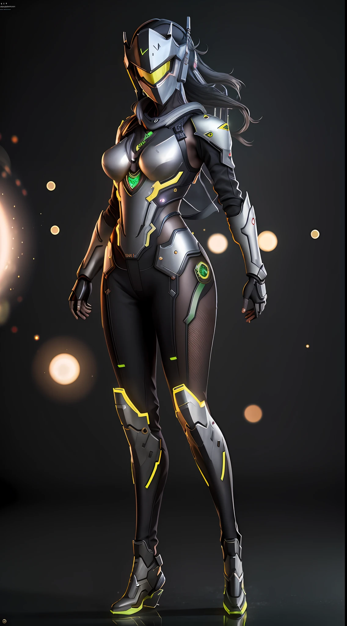 Masterpiece, Best Quality, High Resolution, 1 Girl, Ultra High Resolution, Solo, Genji, (Surreal: 1.4), Film, Particle, Octane Rendering, Strong, Background Bokeh, 85mm Shot, Full Body, Full Body, Full Body, Black Silk, Ninja Costume, Slim, No Helmet,