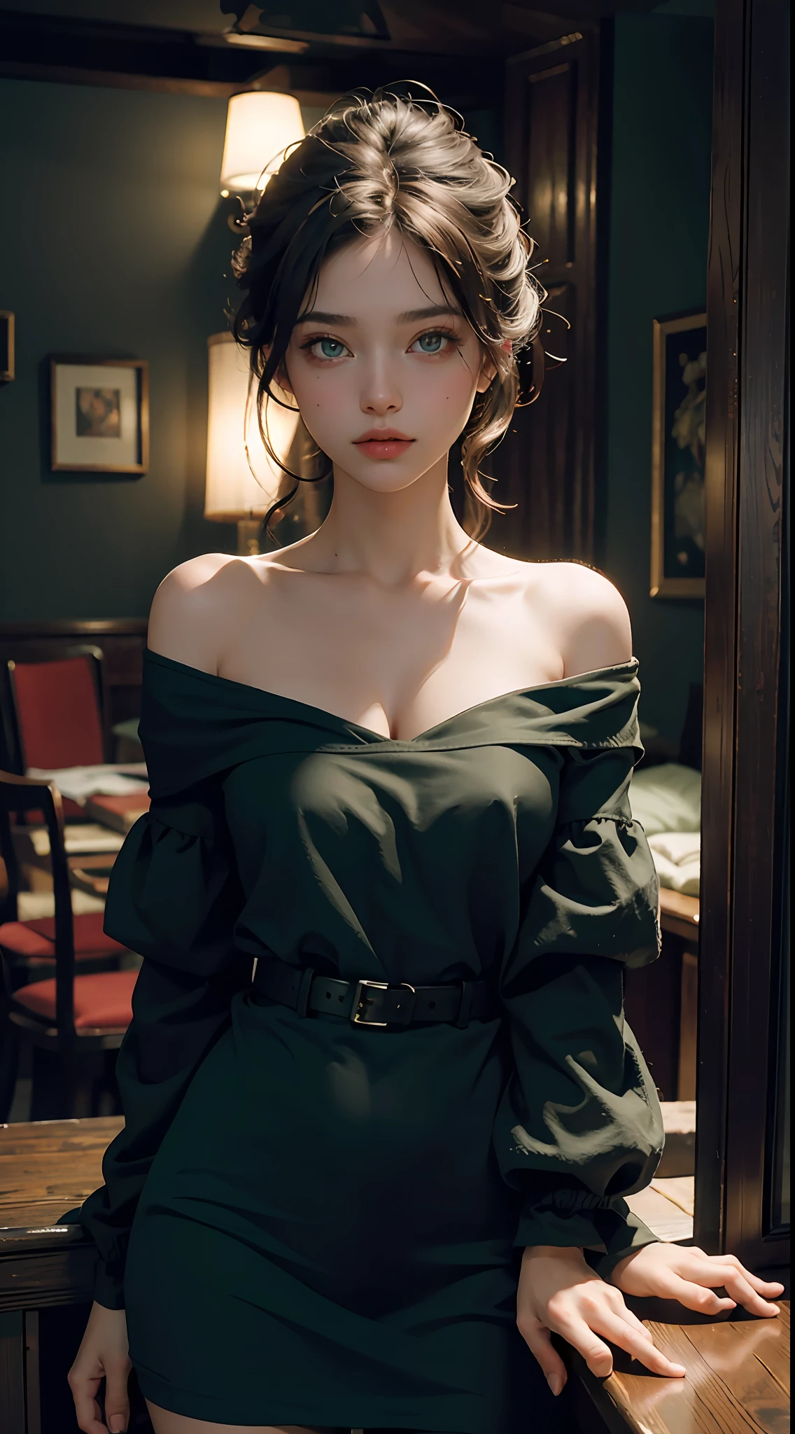 Best Quality, Masterpiece, Ultra High Resolution, (Realisticity: 1.4), Original Photo, 1Girl, Green Eyeballs, Off-the-Shoulder, Deep V, Cinematic Lighting