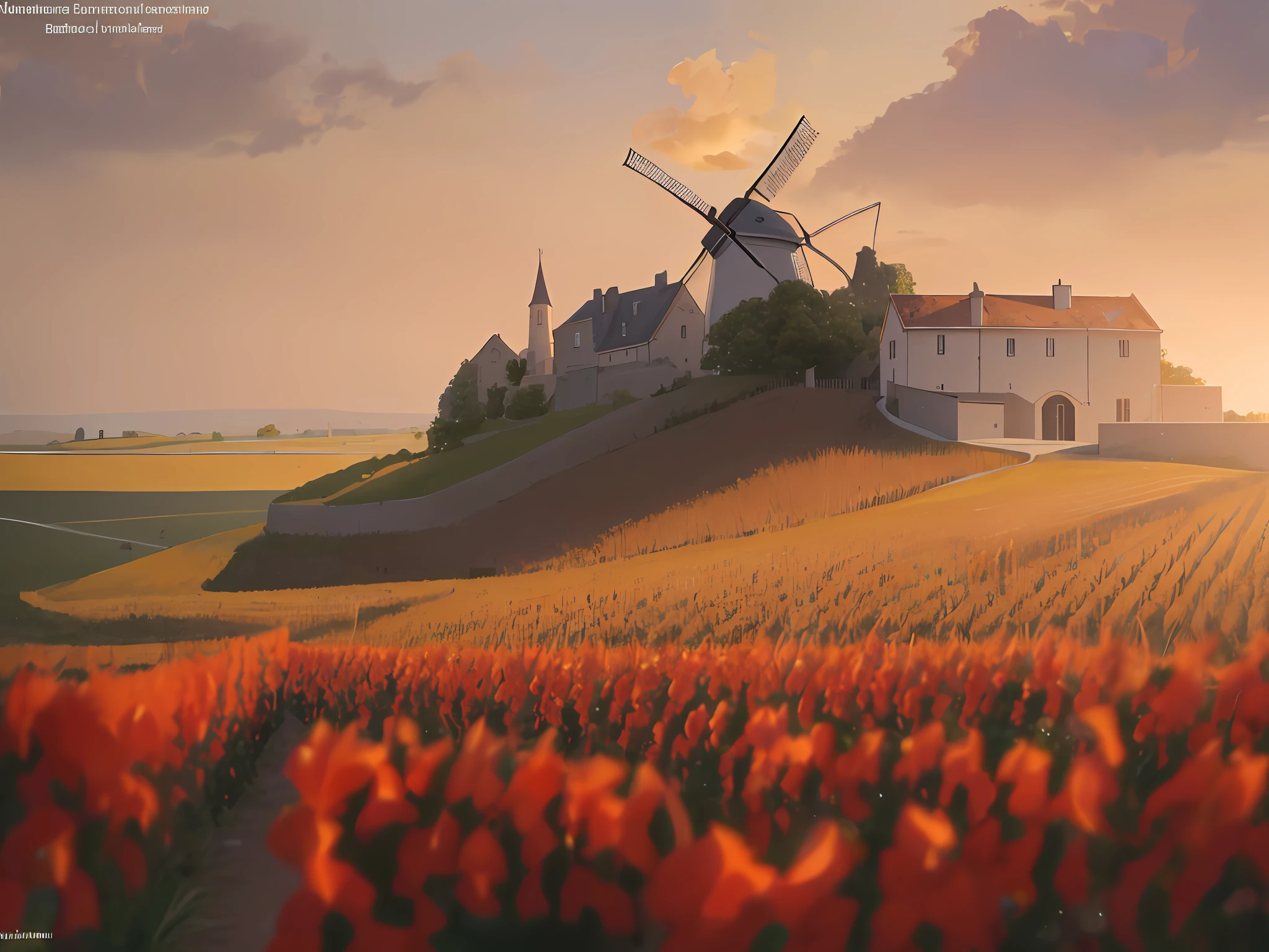 house on a hill with a windmill in the background, pur champagne damery, northern France, medieval french landscape, an idyllic vineyard, by Daniël Mijtens, by Juergen von Huendeberg, by Raphaël Collin, by Bernard Meninsky, by Karl Völker, stunning image, by Dietmar Damerau, high hd
