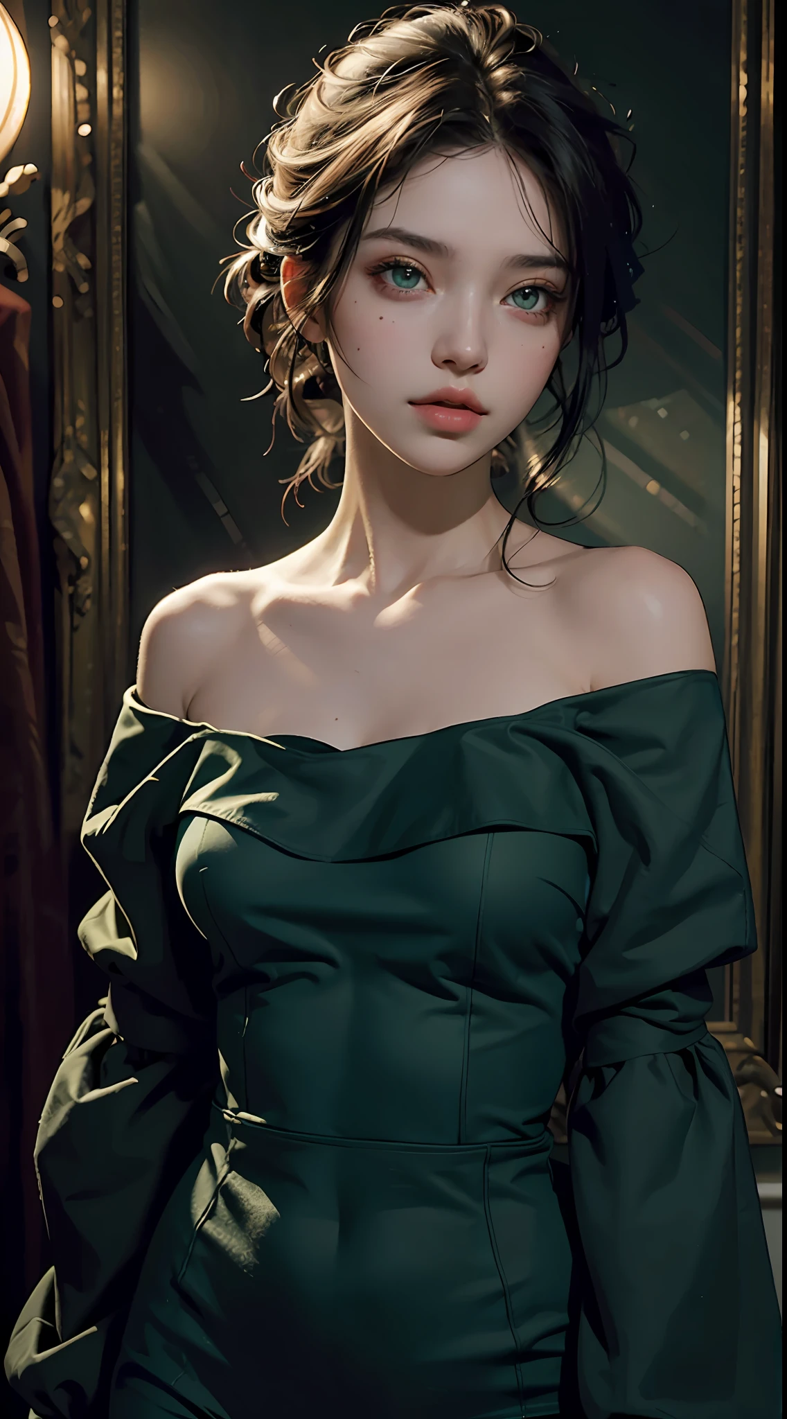 Best Quality, Masterpiece, Ultra High Resolution, (Realisticity: 1.4), Original Photo, 1Girl, Green Eyeballs, Off-the-Shoulder, Deep V, Cinematic Lighting