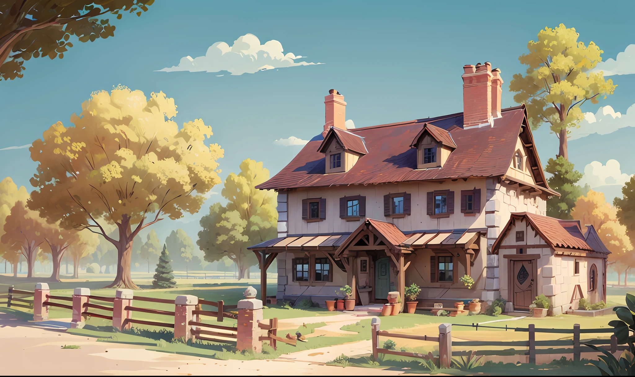 Best quality, masterpiece, European and American cartoon, large farm building, farm fence and crops, brick wall, trees, beautiful dwelling, ancient design, best quality, 32k --v 6