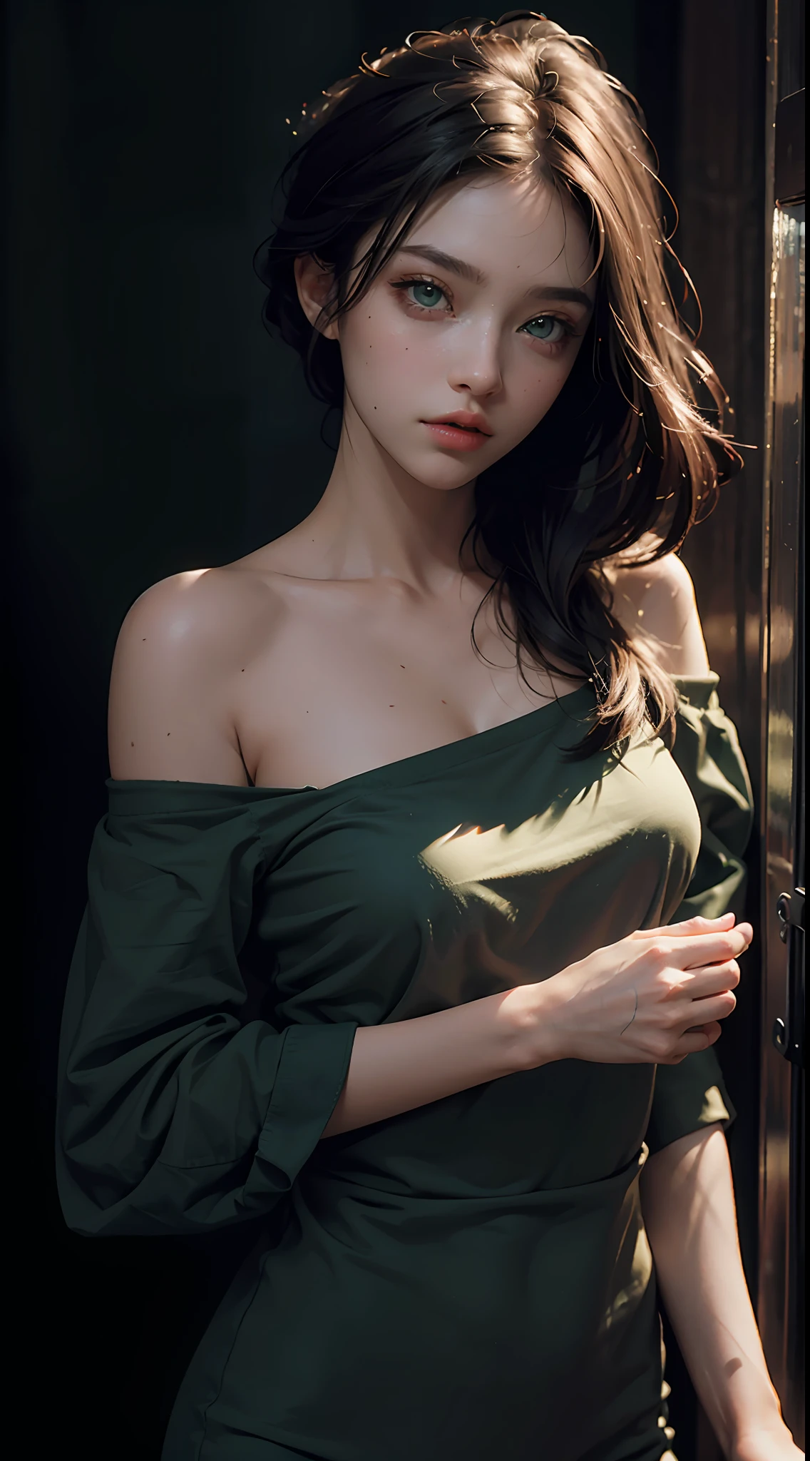 Best Quality, Masterpiece, Ultra High Resolution, (Realisticity: 1.4), Original Photo, 1Girl, Green Eyeballs, Off-the-Shoulder, Deep V, Cinematic Lighting