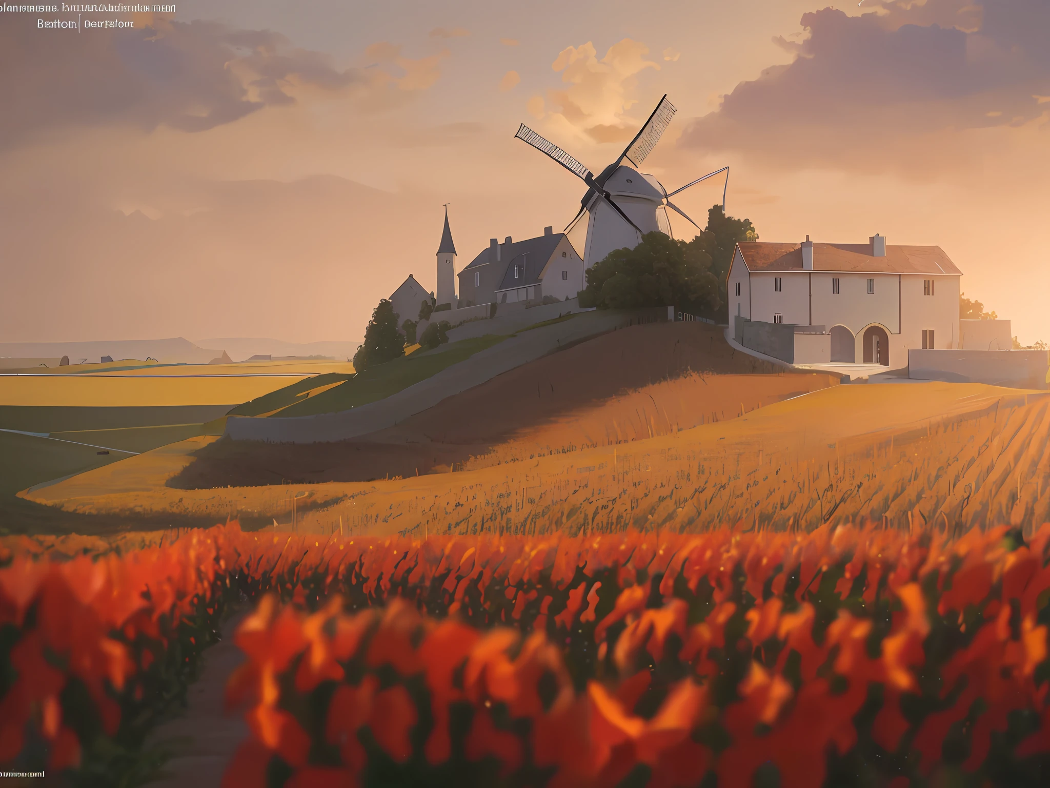 house on a hill with a windmill in the background, pur champagne damery, northern France, medieval french landscape, an idyllic vineyard, by Daniël Mijtens, by Juergen von Huendeberg, by Raphaël Collin, by Bernard Meninsky, by Karl Völker, stunning image, by Dietmar Damerau, high hd, with everything very well detailed