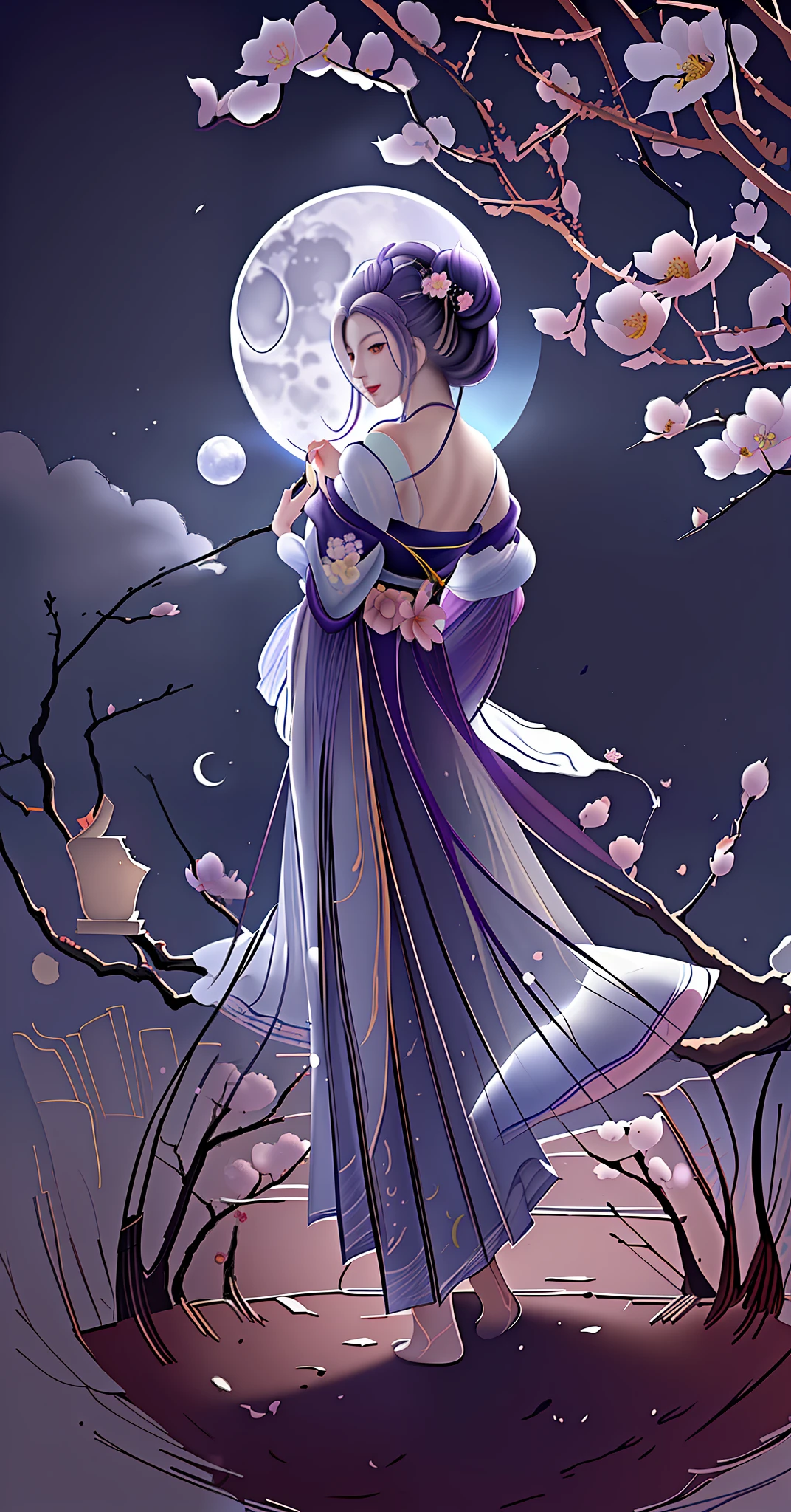 A painting of a plum blossom tree with the moon in the background, inspired by George Lacom, James M. R. Izzy, Night Moonlight, Moonlight Night, Plum Blossoms and Moon, Calm Night. Digital illustration, inspired by Marin, moonlight, inspired by Ji Sheng, Autumn Night, inspired by Shen Shichong, luminous style painting, moonlight, dreamy line art