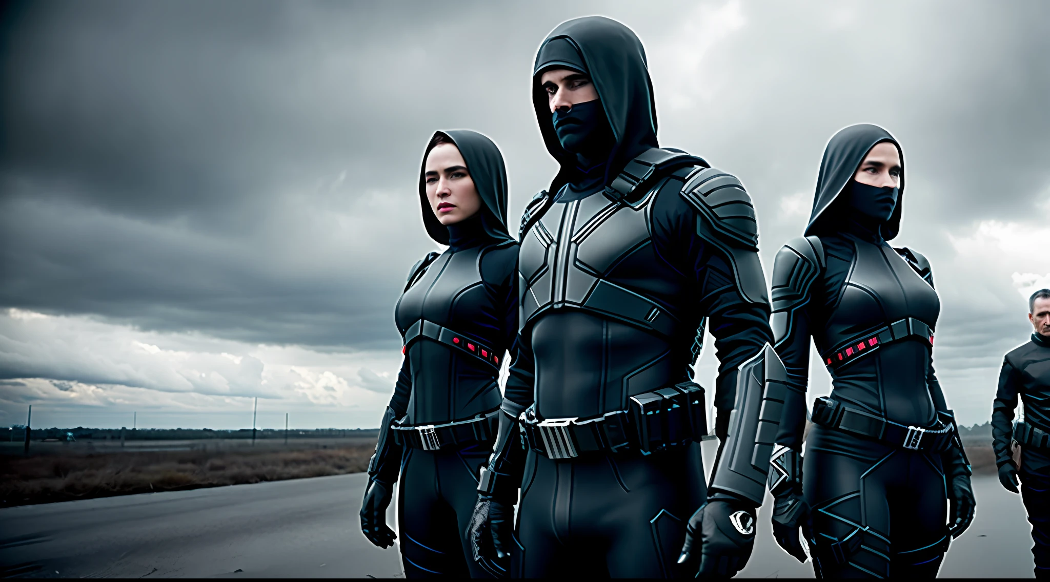 dystopian future group of determined individuals (vibrant, photorealistic, realistic, dramatic, dark, sharp focus, 8k)