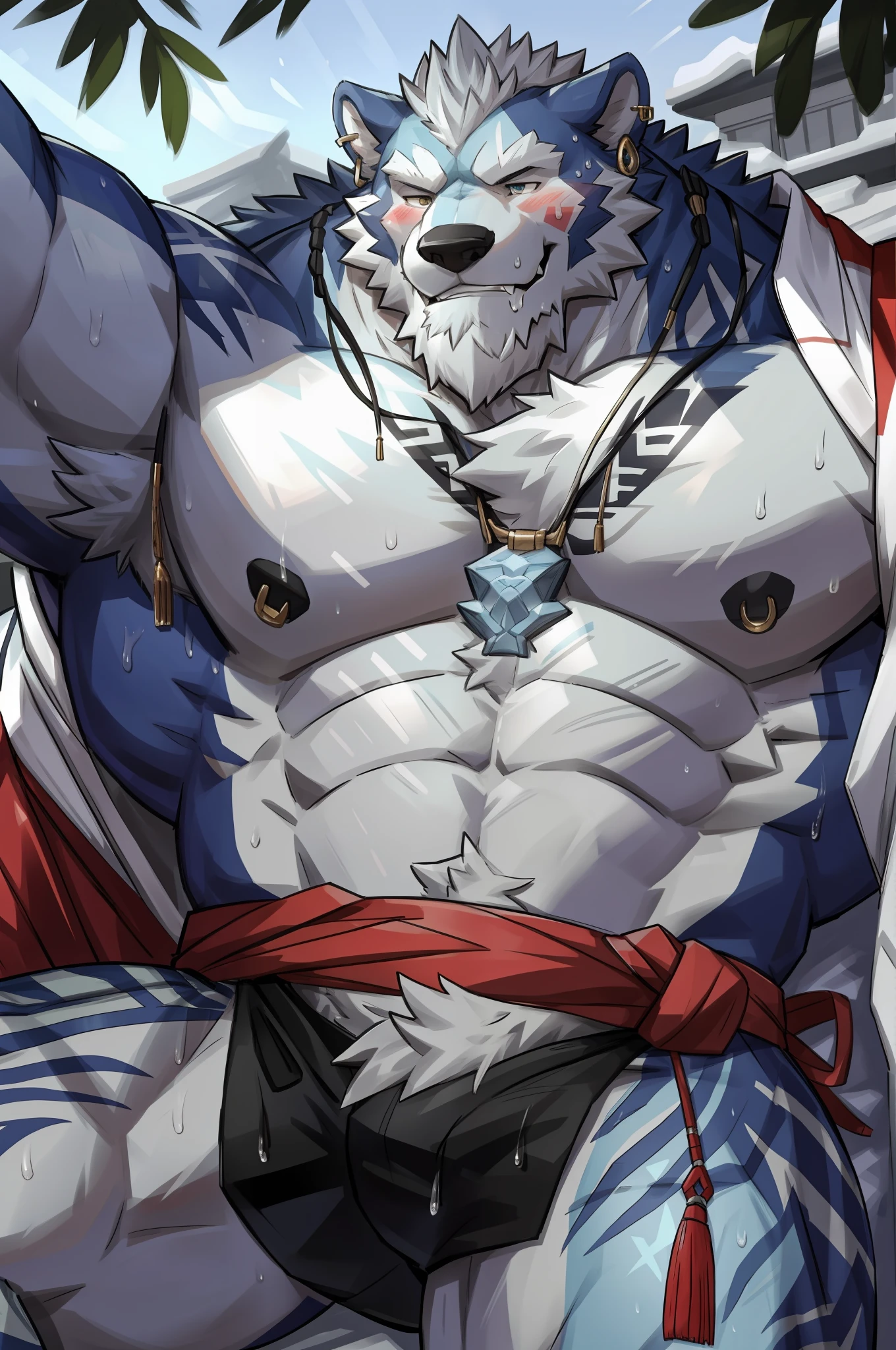 (morning), 1volibear, 独奏, 看着观众, winter, smile,肌肉男,beard,middle-aged,white fundoshi,((open) kimono),Chinese traditional clothes,close-up,lying in,stud earrings,nipple ring,sweat,drooling,blush sticker,wet