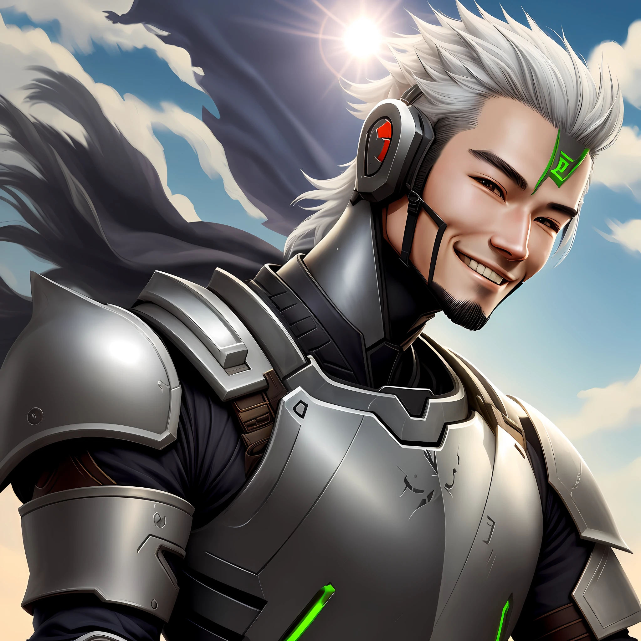 portrait, genji, full armor, hopeful smile, sky background, sunlight, best quality