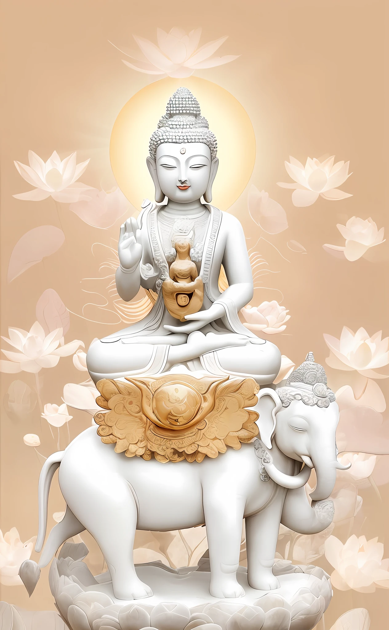 Puxian Bodhisattva statue, sitting on a large white elephant, elephant stepping on lotus flowers on all fours, Buddha head with halo, Buddha holding lotus flowers, background simple