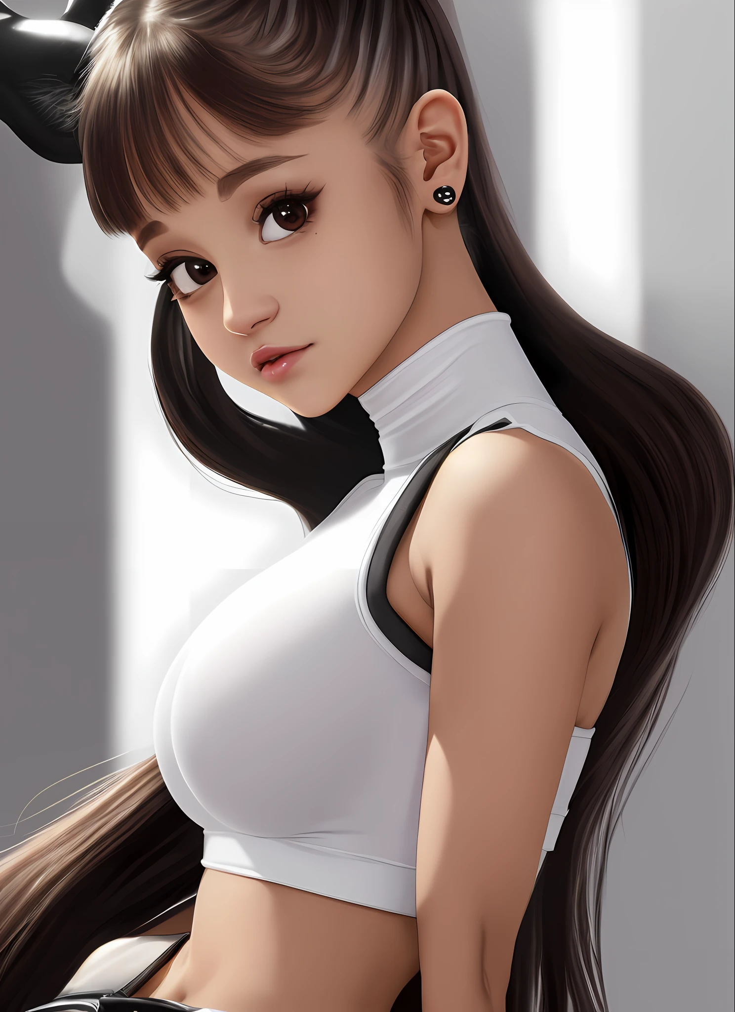 Ariana grande, white wet tight crop tee, best quality, 1girl, solo, looking at viewer, angle from below, upper body, portrait, small , black eyes, sweaty shiny skin, blush, hot ears, ultra high res, cinematic lighting, lens flare, (lifelike details, ultra-detailed, extremely detailed eyes and face:1.2)