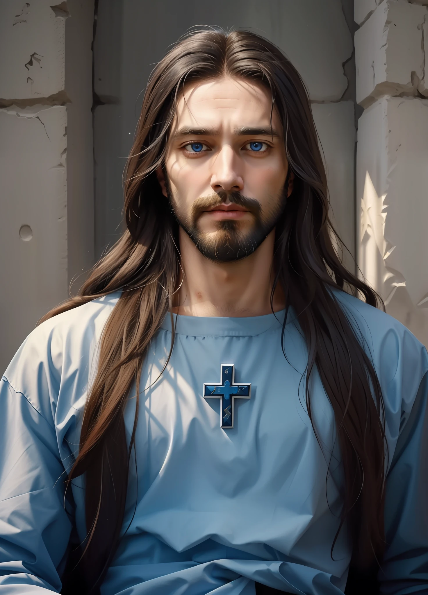 arafed image of a man with long hair and a cross on his chest,big beard,33 years old,blue eyes,portrait of jesus christ, jesus of nazareth, face of jesus, jesus christ in mass effect, jesus christ, cyberpunk jesus christ, dressed as jesus christ, jesus, jesus gigachad, portrait of holy father, fan art, Portrait of religious masterpiece, Jesus wasted at a party