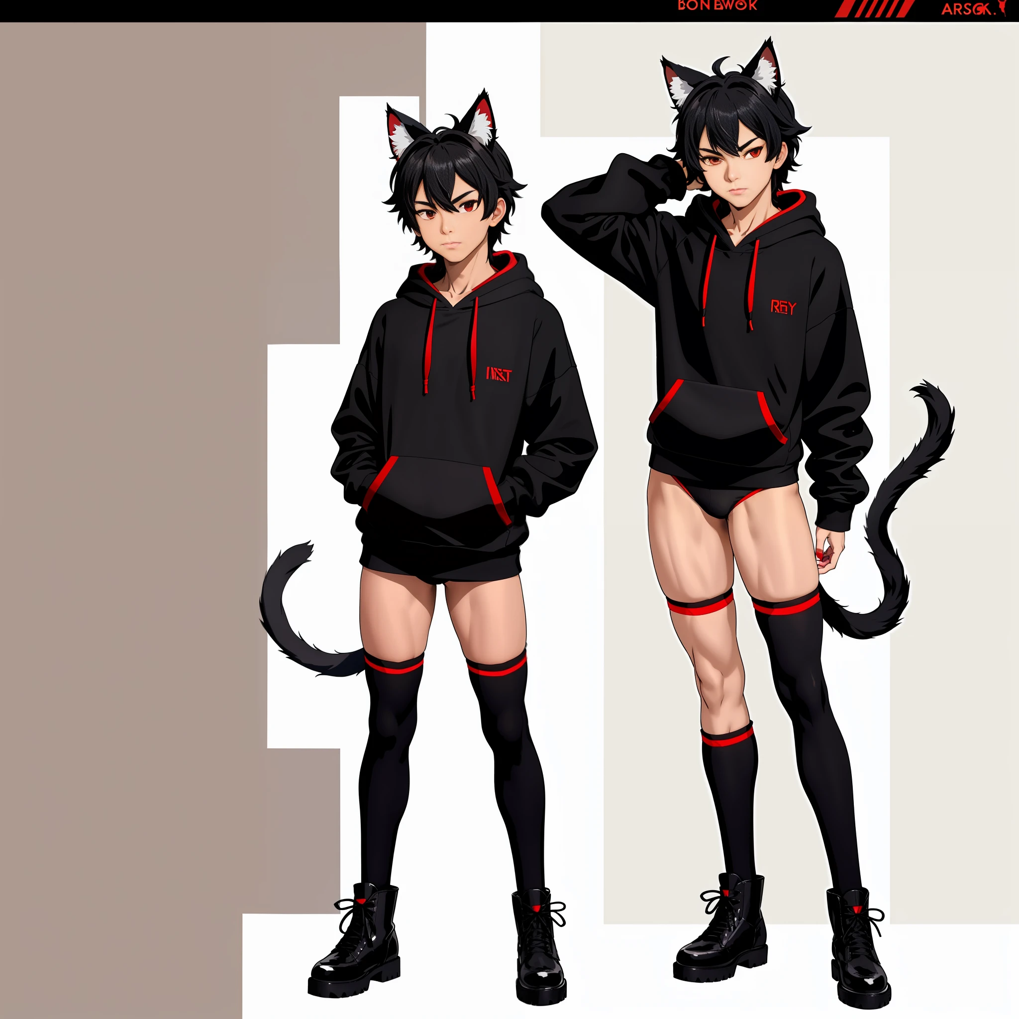 one boy, toned, flexing, sharp big cat ears, cat tail, big black messy hair, extremely vibrant red eyes, masterpiece, vibrant, micro thong , slim dark black hoodie, full body view, neutral face, black thigh socks, combat boots.