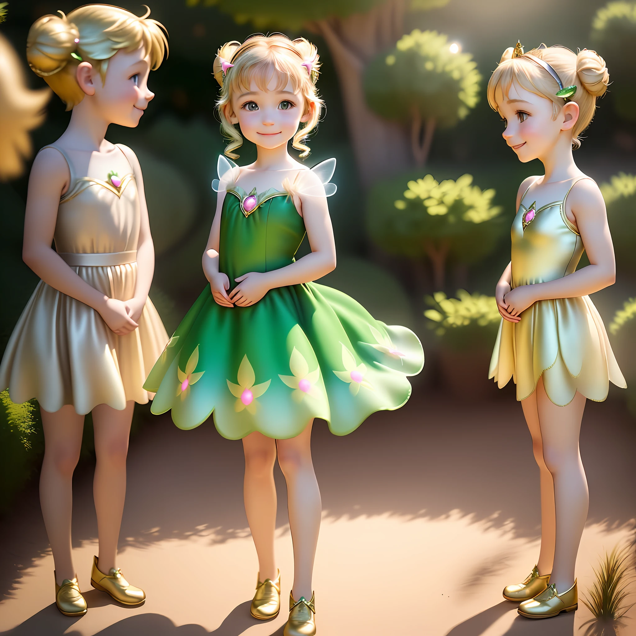 a child girl with the face of Tinker Bell, alone, ((alone)), totally realistic, the highest definition, perfect lighting, with a shy smile, with cheerful countenance, wearing a princess dress, full body, 4k, fully humanized, face identical to the face of the animation