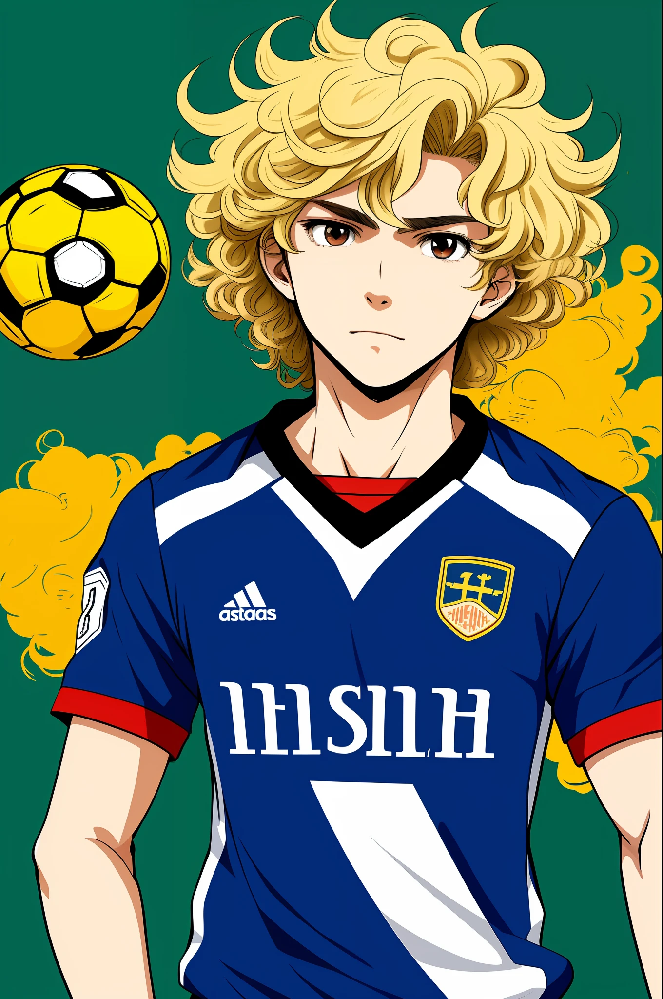 Anime-style 2d illustration portrait of a soccer player, curly, short, blond, and looking 18 years old