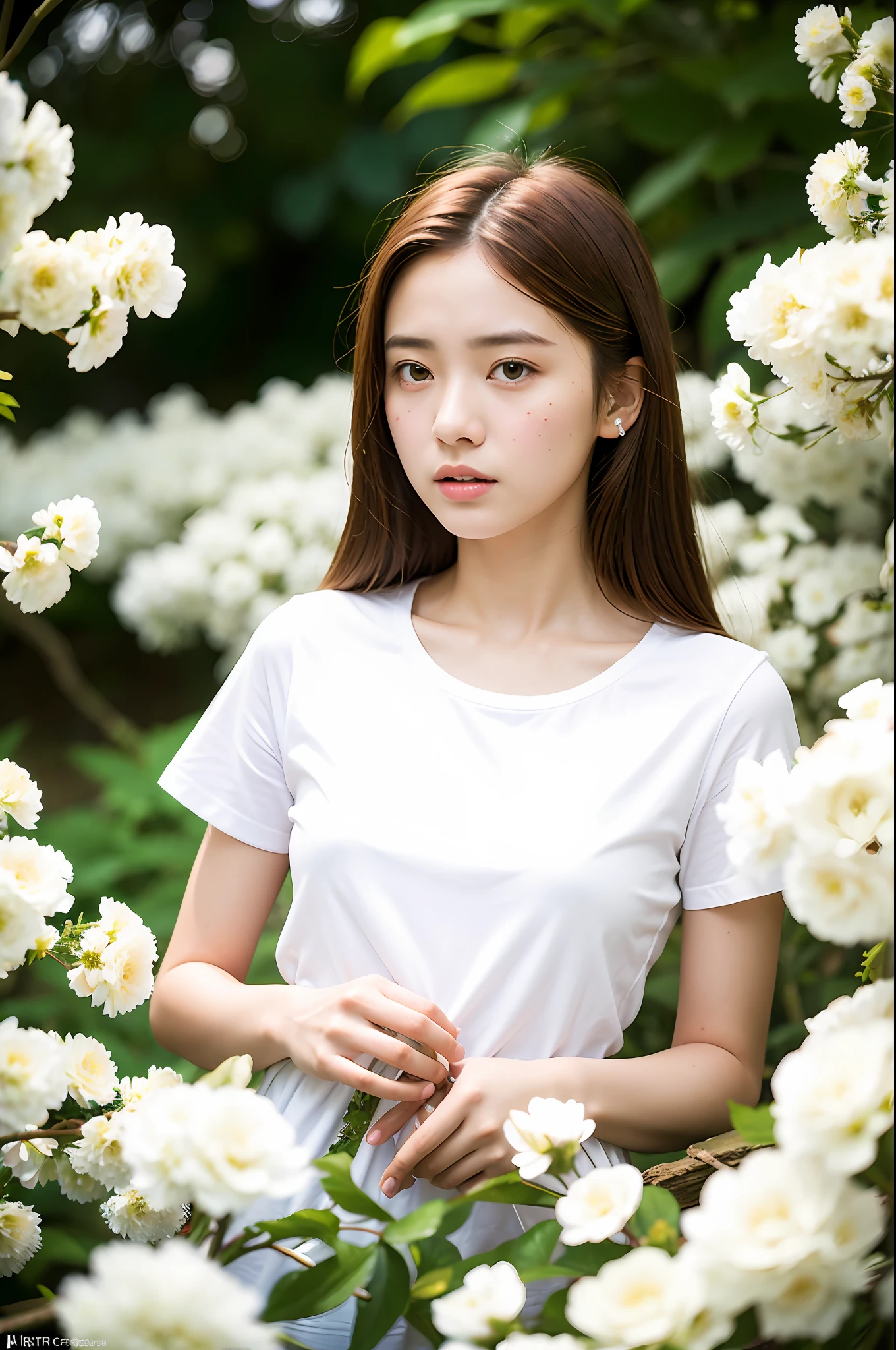 Sad theme , (best quality, masterpiece:1.2), 18yo beautiful  girl in garden, white shirt, (white flowers mess in background:1.3), shoot the Sony a7,3.5 mm Lens, f 1.8 apature, lighting glow effect,no retouching,raw photo realistic, skin texture is very detail ,no makeup,
