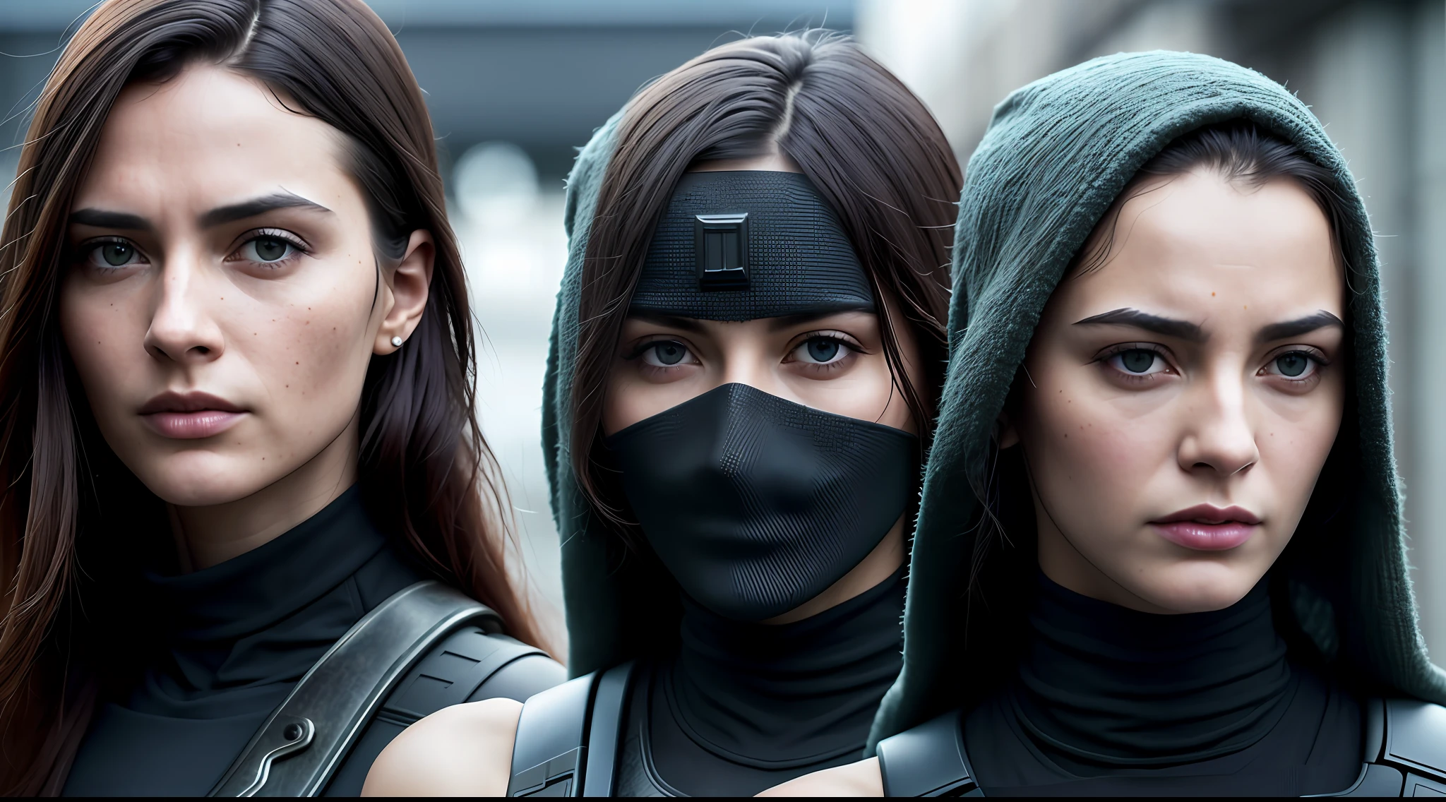 dystopian future group of determined individuals (extremely detailed and beautiful face, vibrant, photorealistic, realistic, hyperrealism, insanely detailed, dramatic, dark, sharp focus, 8k)