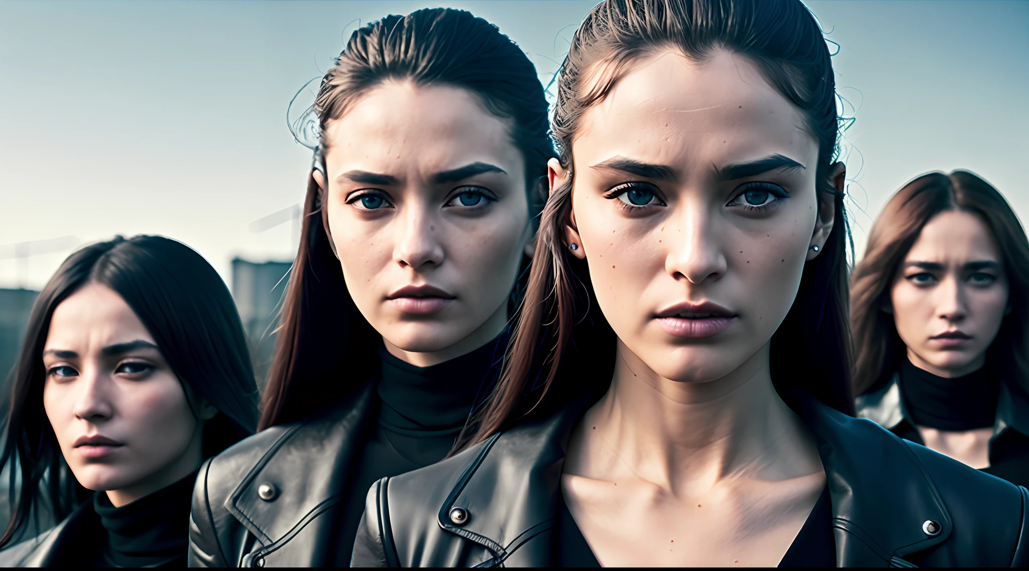 dystopian future group of determined individuals (extremely detailed and beautiful face, vibrant, photorealistic, realistic, hyperrealism, insanely detailed, dramatic, dark, sharp focus, 8k)