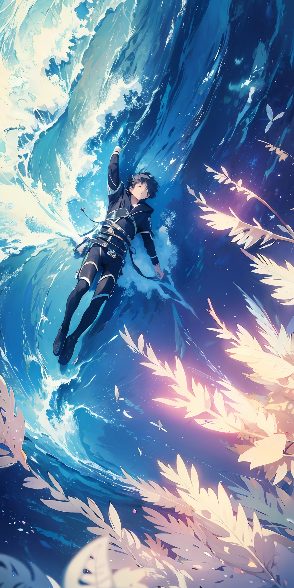 ridiculous resolution, high resolution, (masterpiece:1.4), super detailed, 1boy, seen from above, space, floating, --v 6