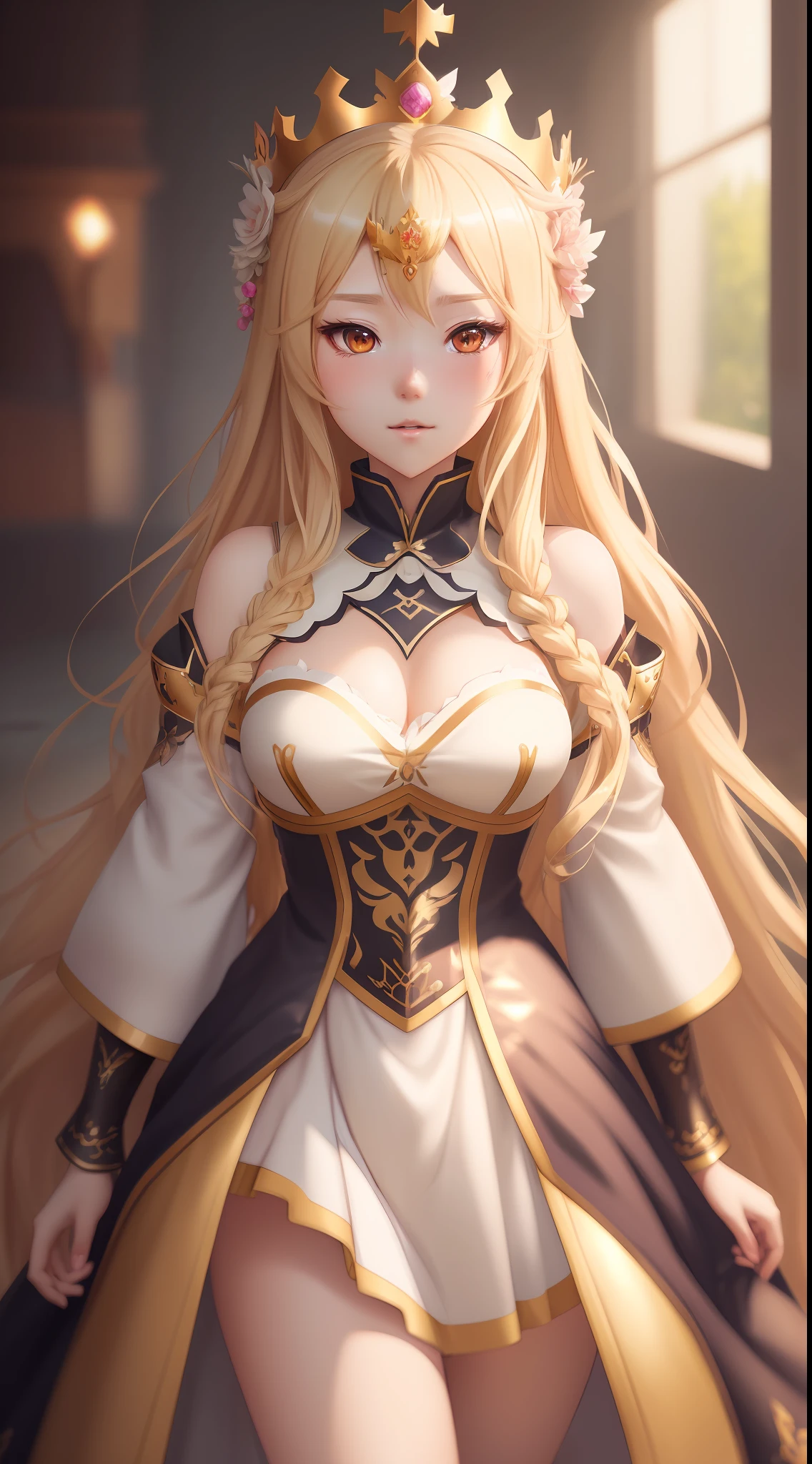 anime girl with long blonde hair wearing a costume and a crown, wlop and sakimichan, detailed digital anime art, smooth anime cg art, 8k high quality detailed art, fanart best artstation, 2. 5 d cgi anime fantasy artwork, guweiz on artstation pixiv, artwork in the style of guweiz, photorealistic anime girl render