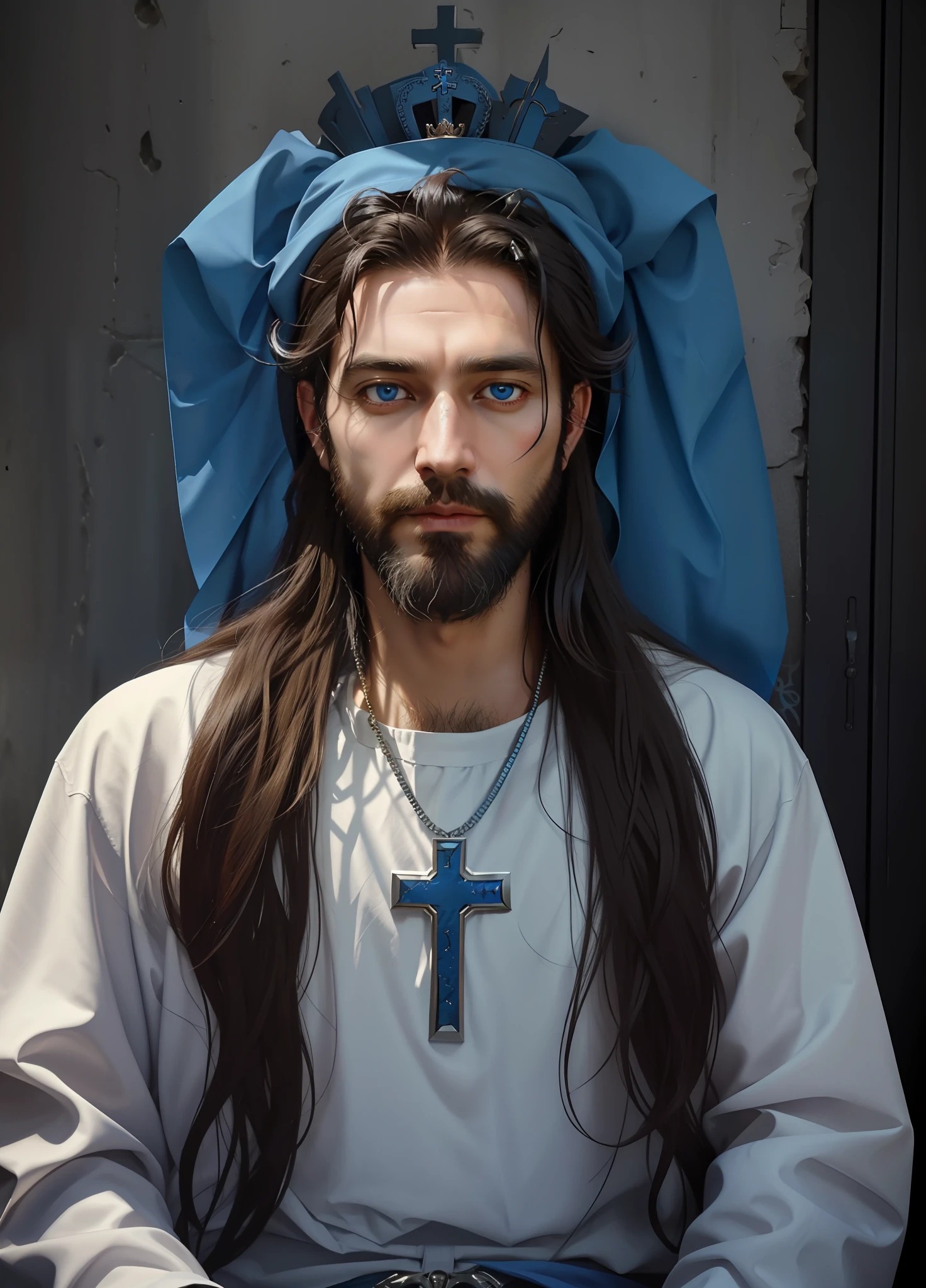 arafed image of a man with long hair and a cross on his chest,big beard,33 years old,blue eyes,crown of thorns on head,portrait of jesus christ, jesus of nazareth, face of jesus, jesus christ in mass effect, jesus christ, cyberpunk jesus christ, dressed as jesus christ, jesus, jesus gigachad, portrait of holy father, Fan Art, portrait of religious masterpiece, Jesus wasted at a party