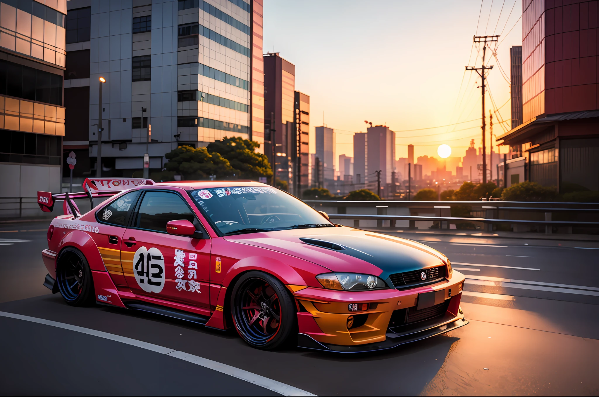 Tokyo Soda,drift car,tokyo city sunset,gibli style