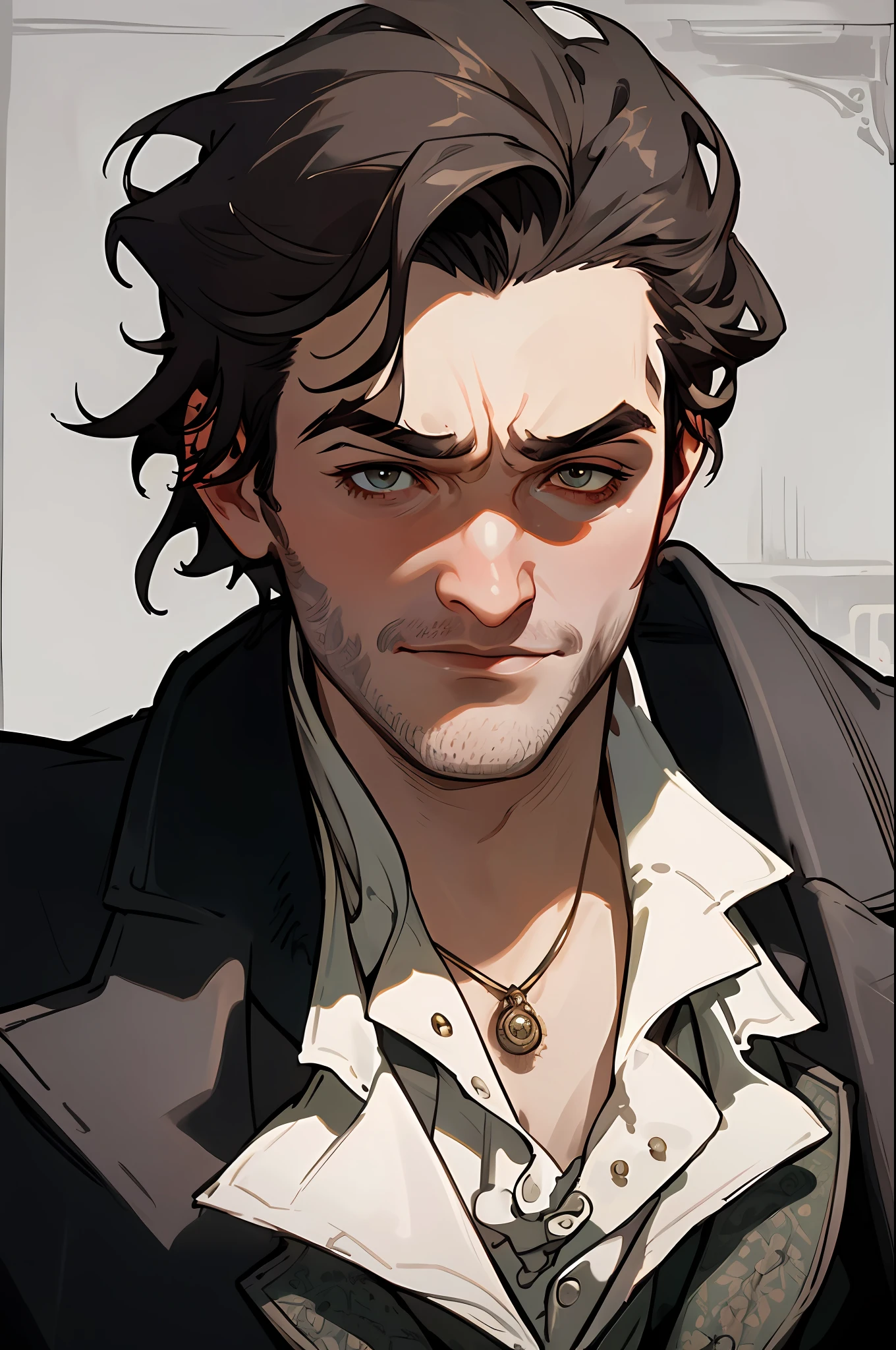 (portrait, Jacob Frye, Victorian Era, Victorian London background, detailed, high resolution, best quality, dynamic angle, beautiful lighting, dark and moody, brooding expression, elaborate clothing, intricate details)