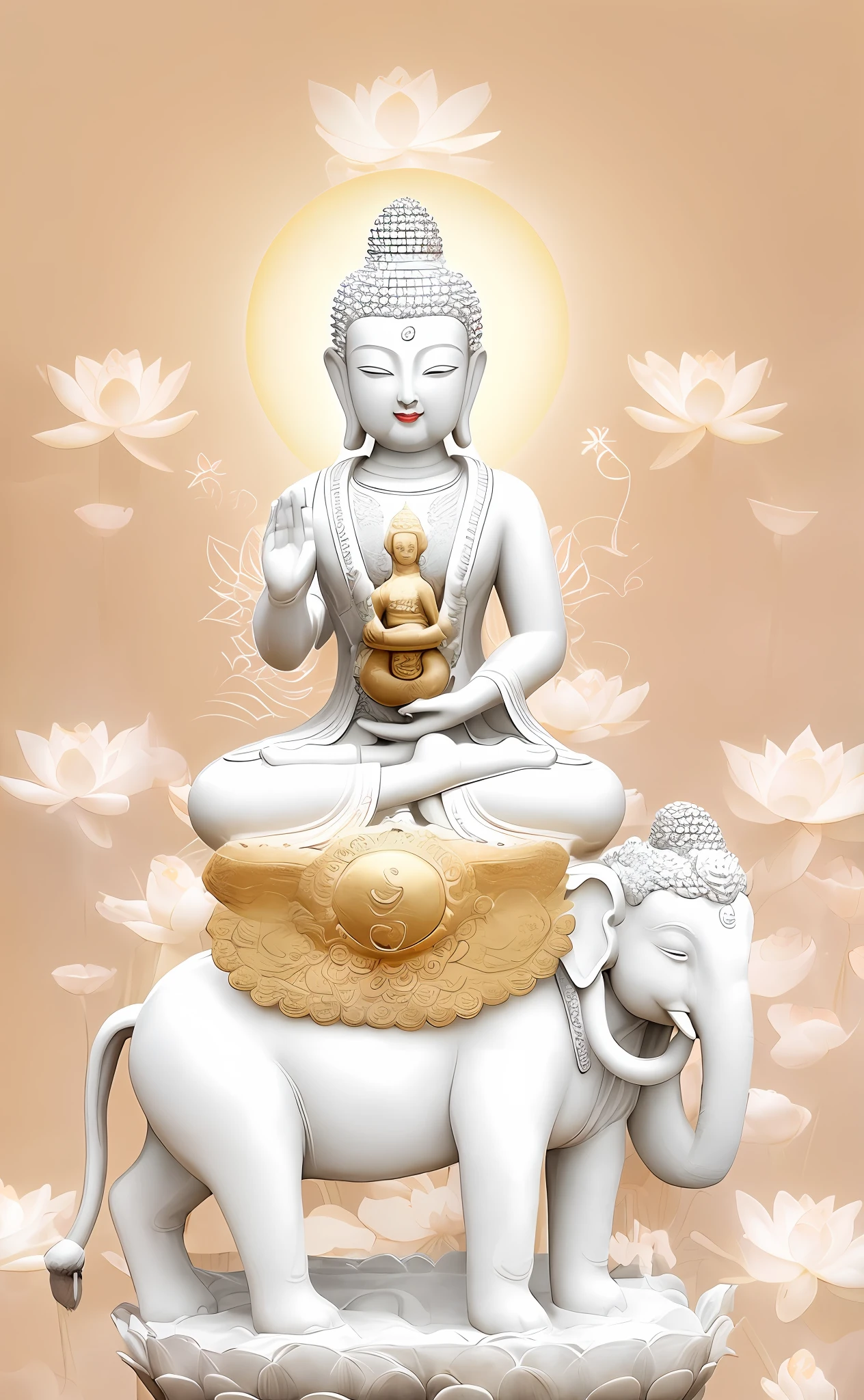 Puxian Bodhisattva statue, sitting on a large white elephant, elephant stepping on lotus flowers on all fours, Buddha head with halo, Buddha holding lotus flowers, background simple