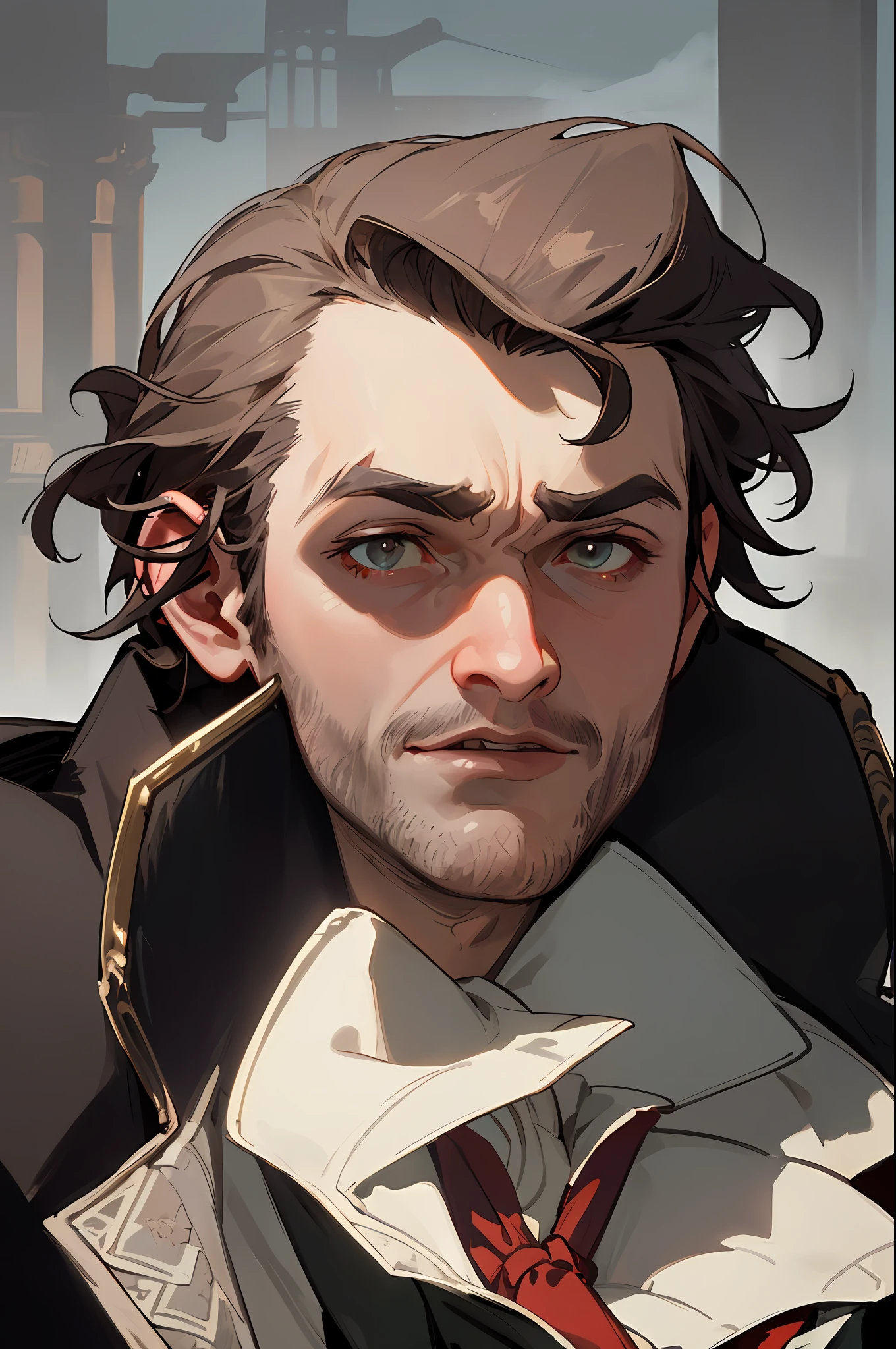 (portrait, Jacob Frye, Victorian Era, Victorian London background, detailed, high resolution, best quality, dynamic angle, beautiful lighting, dark and moody, brooding expression, elaborate clothing, intricate details)