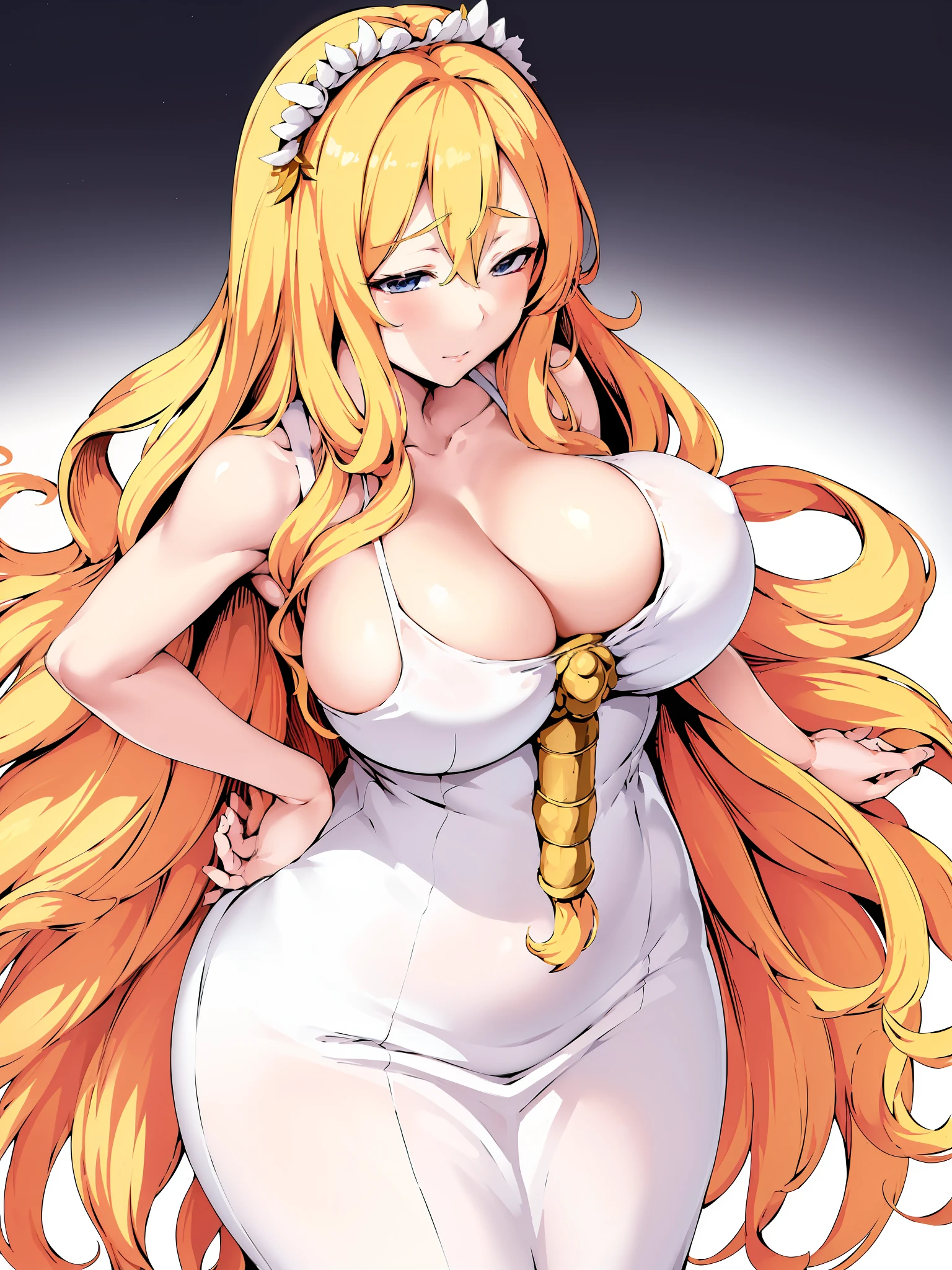 anime - style image of a woman in a white dress with long blonde hair, seductive anime girl, blonde anime girl with long hair, big breasts!, breasts covered and sfw, sfw huge breasts, anime goddess, small curvy loli, with large breasts, oppai, big breasts!!, with a large breasts, blonde goddess, cleavage, thicc, loli in dress