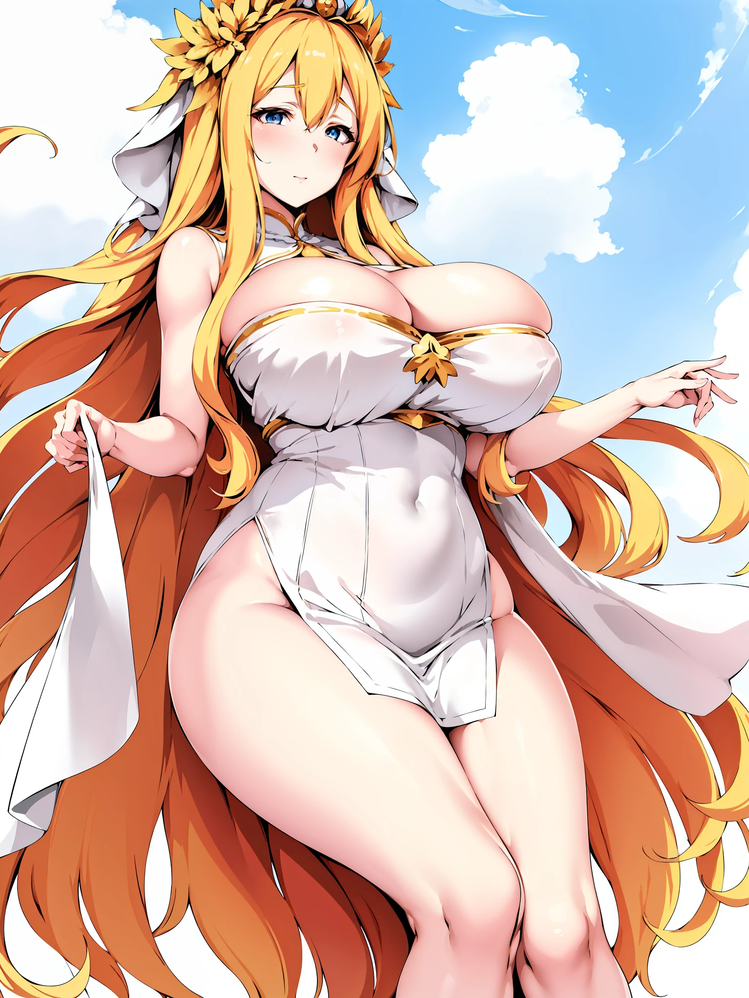 anime - style image of a woman in a white dress with long blonde hair, seductive anime girl, blonde anime girl with long hair, big breasts!, breasts covered and sfw, sfw huge breasts, anime goddess, small curvy , with large breasts, oppai, big breasts!!, with a large breasts, blonde goddess, cleavage, thicc, lolidress