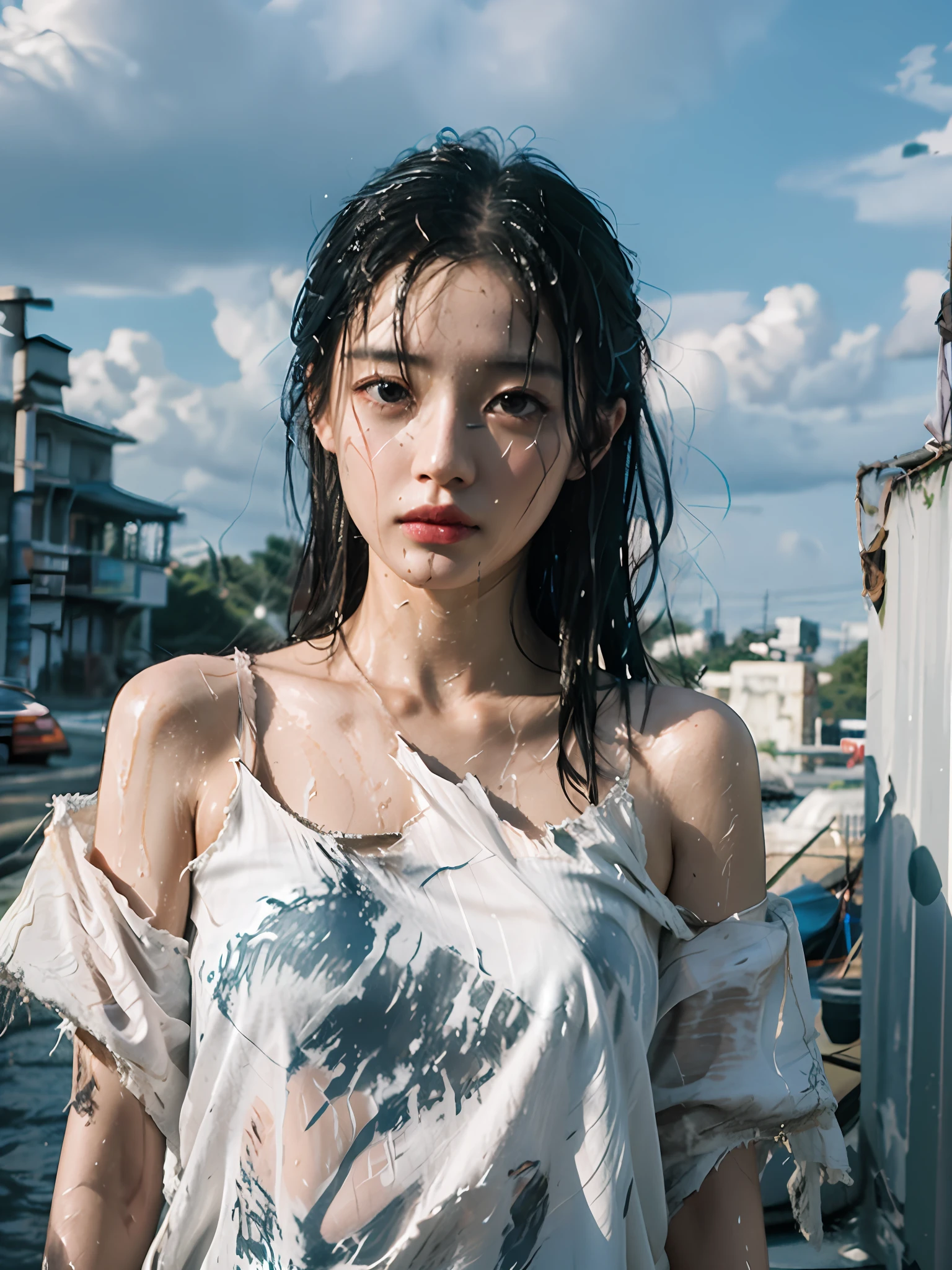 there is a woman standing in the water with a lot of water on her face, by Zhang Han, pretty girl standing in the rain, wet look, korean girl, wet shirt, wet tshirt, jingna zhang, drenched body, beautiful south korean woman, raining portrait, jinyoung shin, soaked, korean women's fashion model, sakimichan